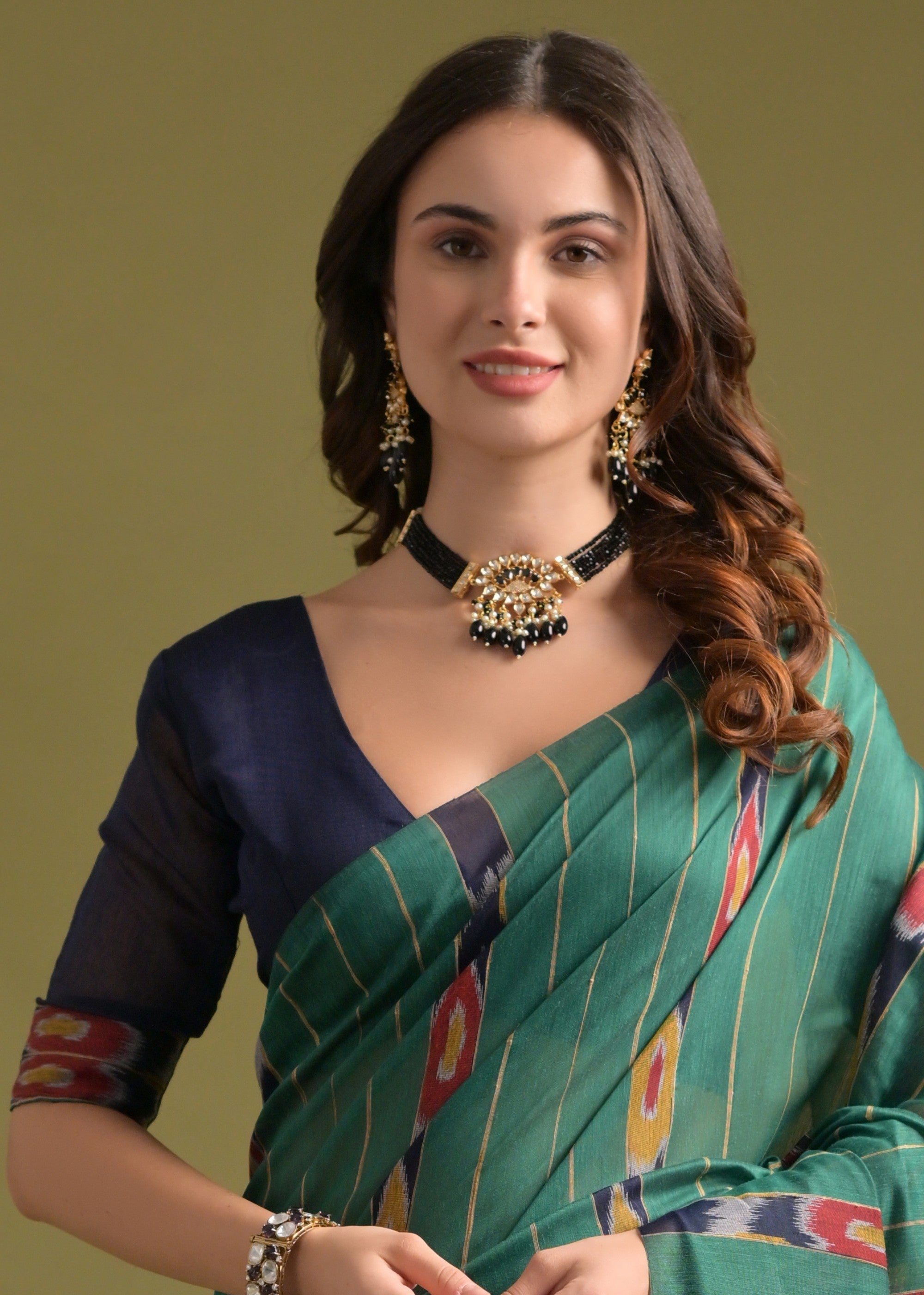 Jade Green Soft Ikkat Cotton Printed Saree - qivii