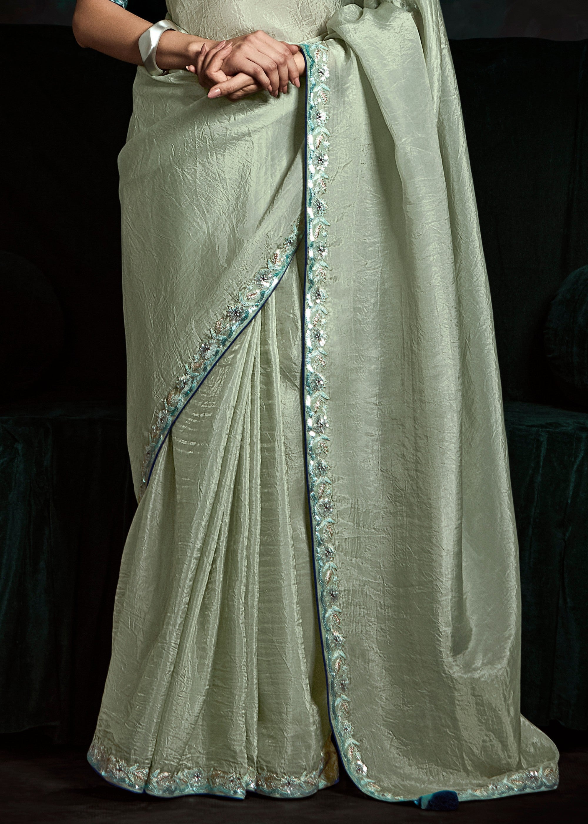 Tea Green Fancy Fabric Silk Saree With Sequins And Thread Embroidered Butti Work - qivii