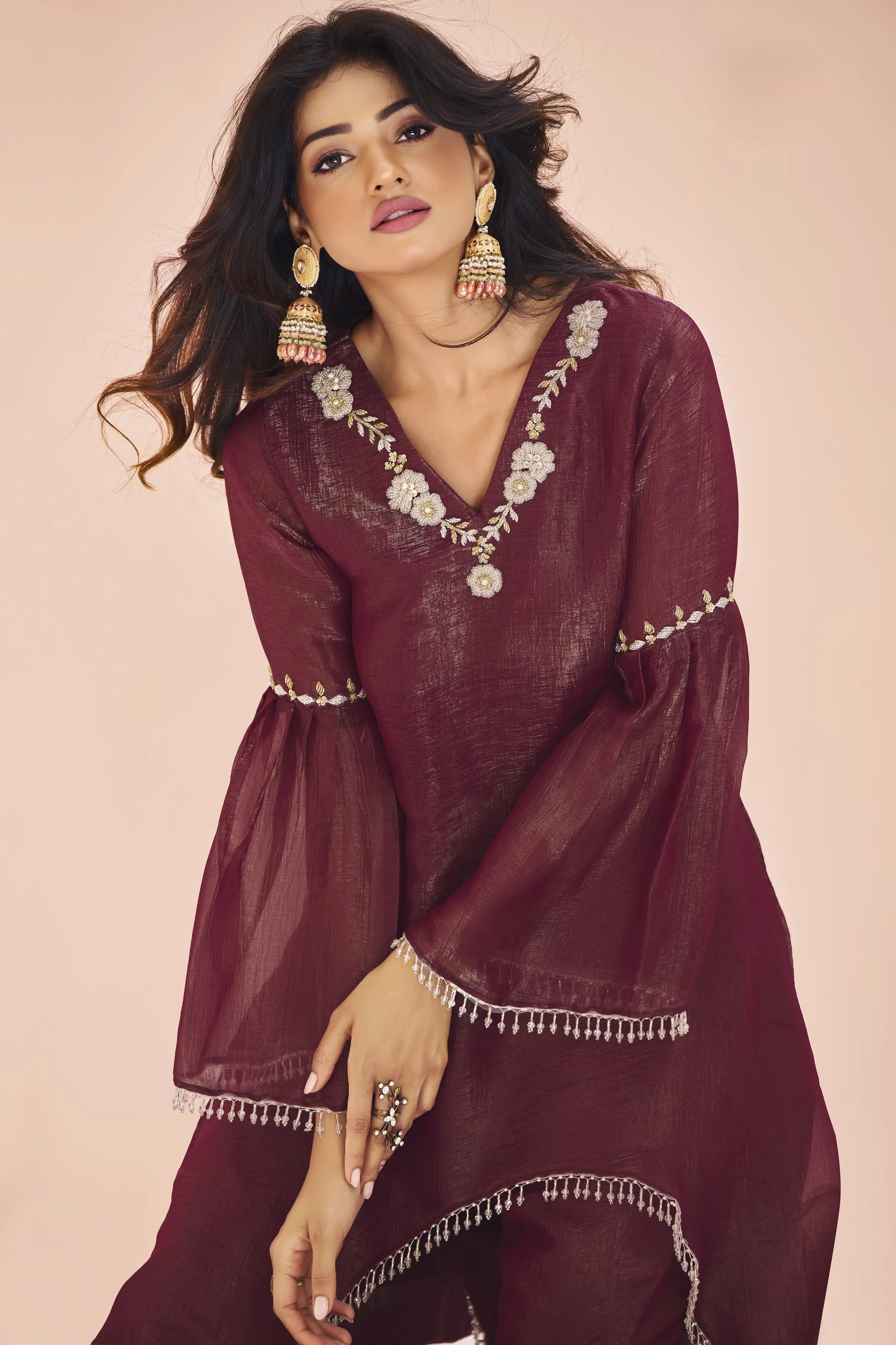 Maroon Organza Salwar Suit With Handwork - qivii