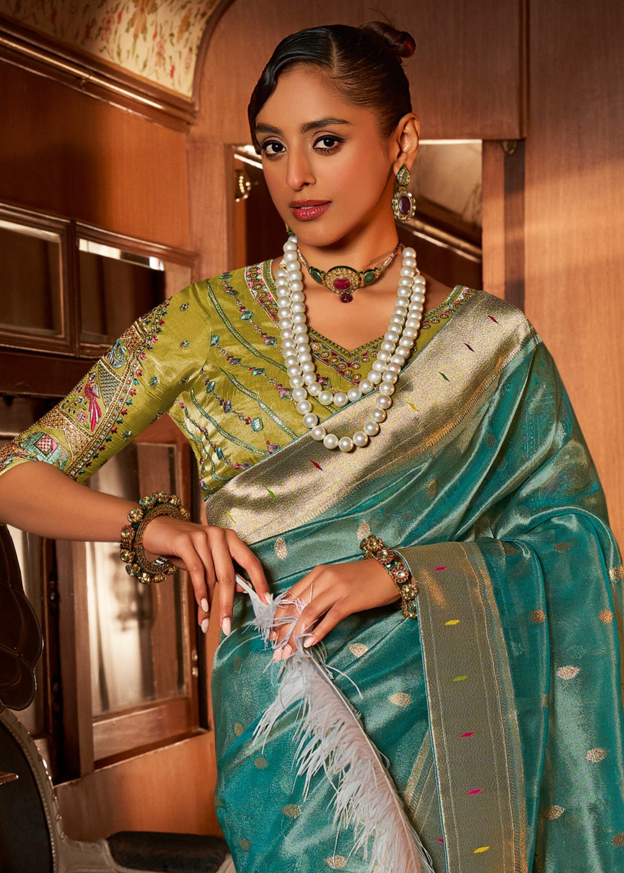 Cerulean Blue Pure Tissue Paithani Silk Saree with Heavy Designer Embroidered Blouse - qivii