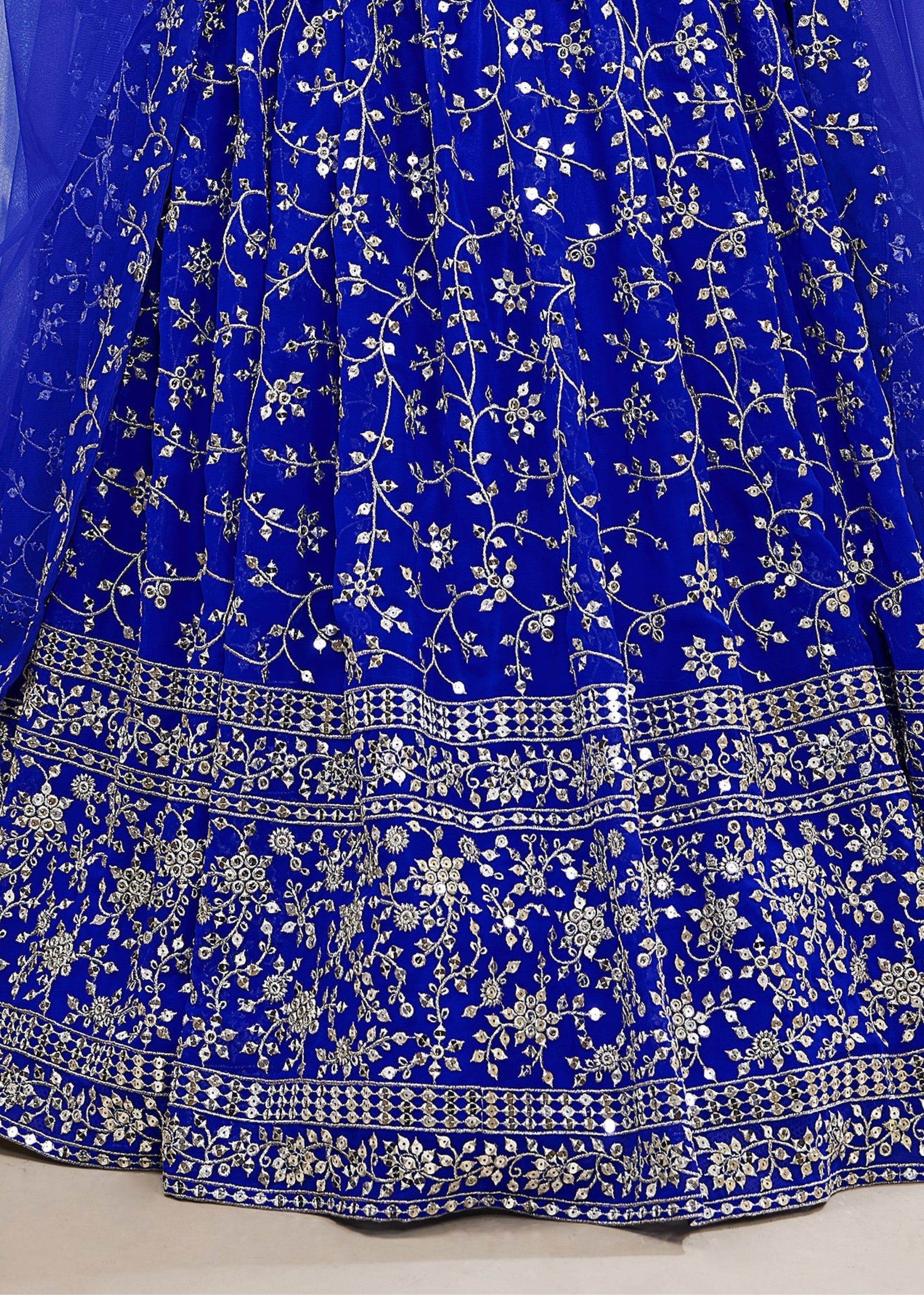 Cobalt Blue Georgette Lehenga Choli With Sequins Zari Embroidered Work | Ready To Wear - qivii