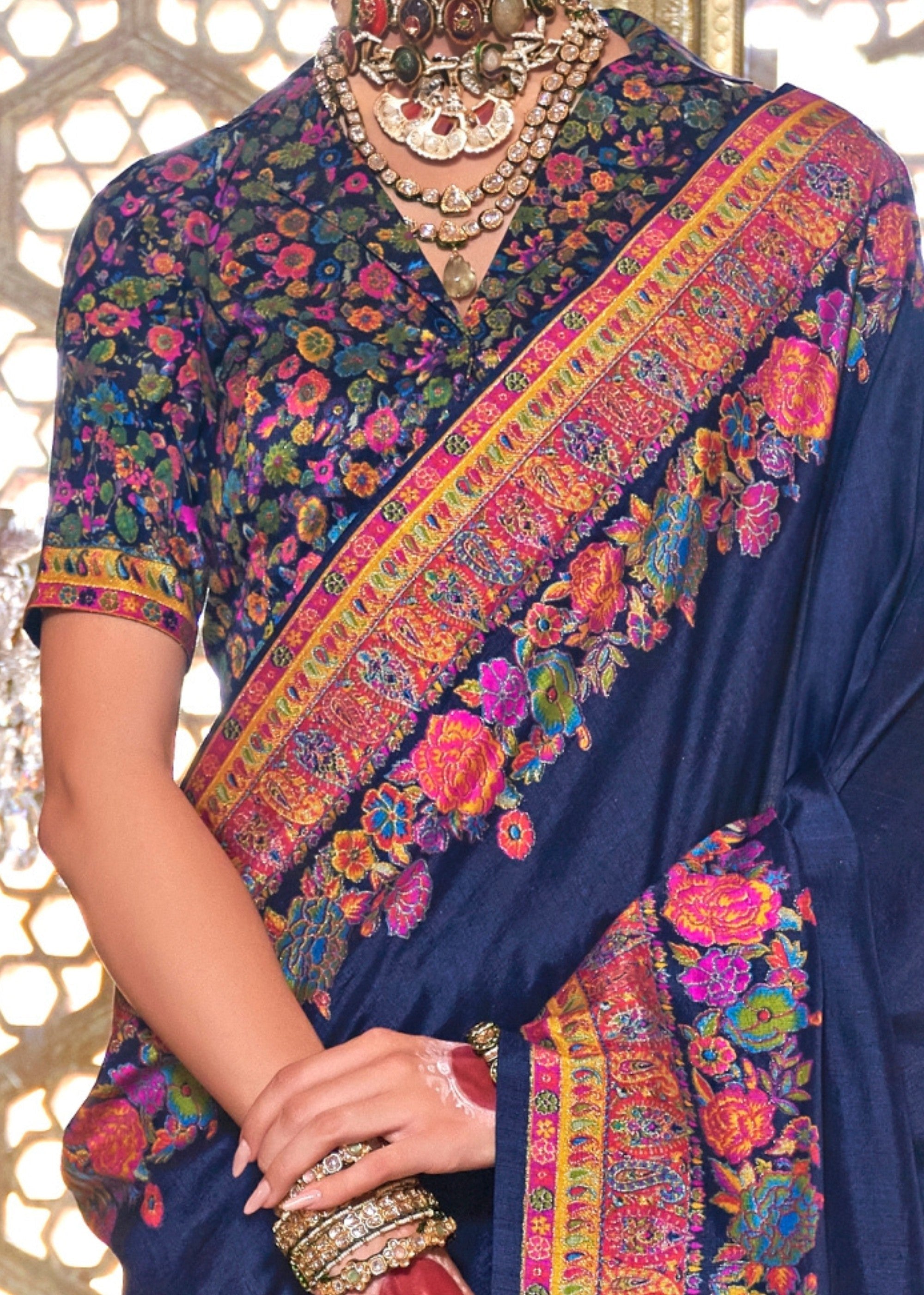 Astros Navy Blue Silk Saree With Luxury Print And Glory Finish - qivii