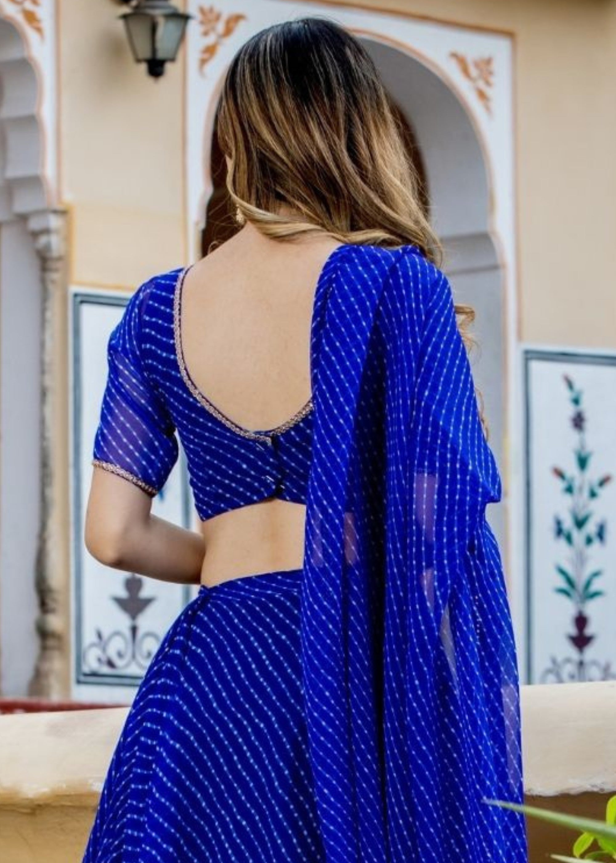 Azure Blue Georgette Leheriya Print Lehenga With Zari And Lace Work | Ready To Wear - qivii