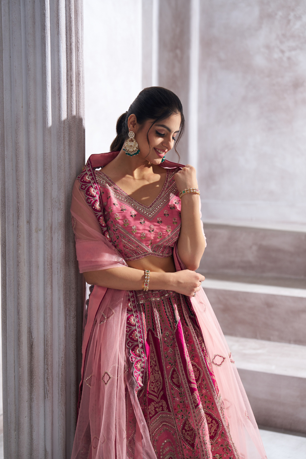 Pink Aari Embroidered Banarasi Wedding Lehenga - qivii