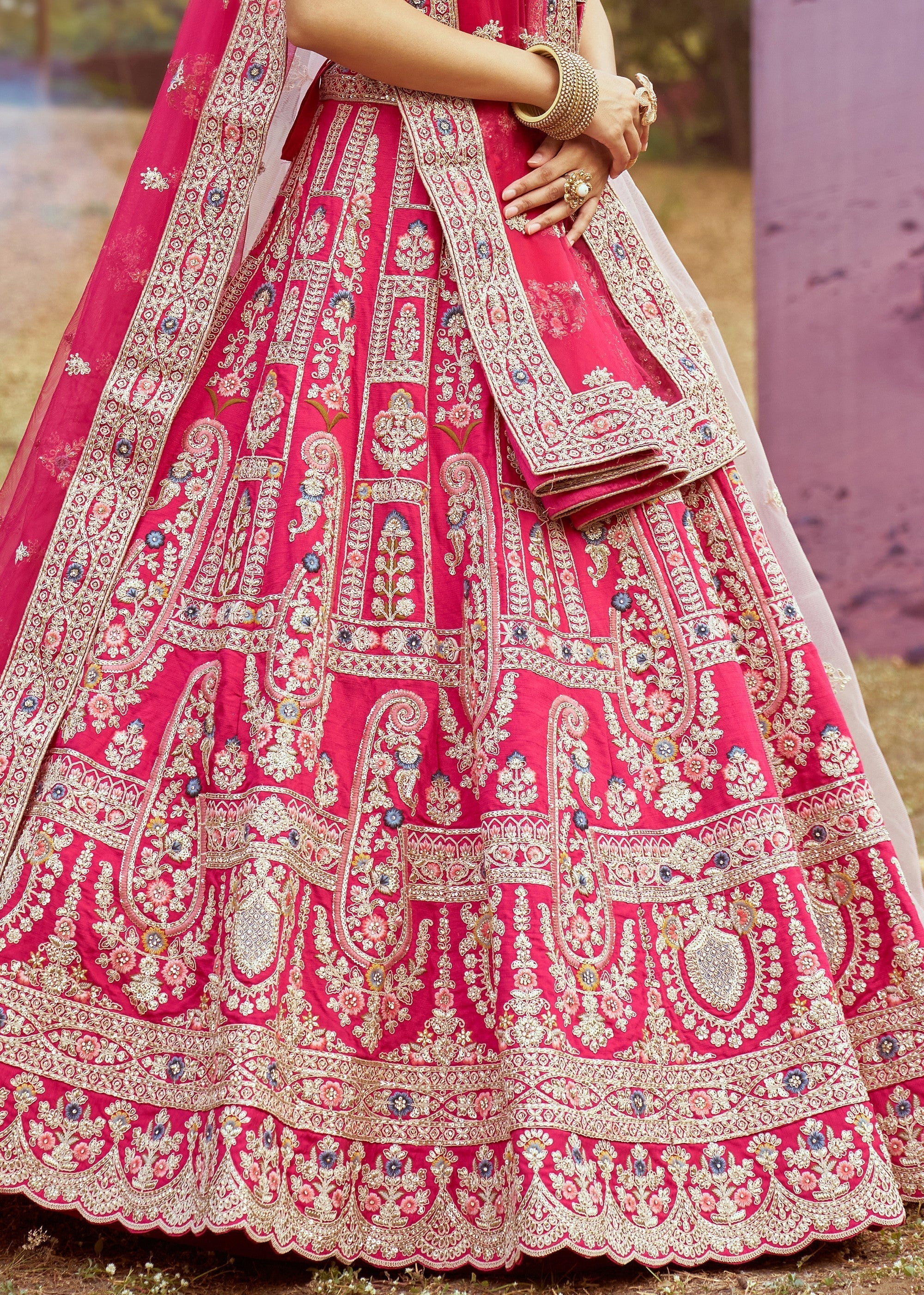 Pink Pure silk Moti, Sequins Embroidery Bridal Lehenga | Ready To Wear - qivii