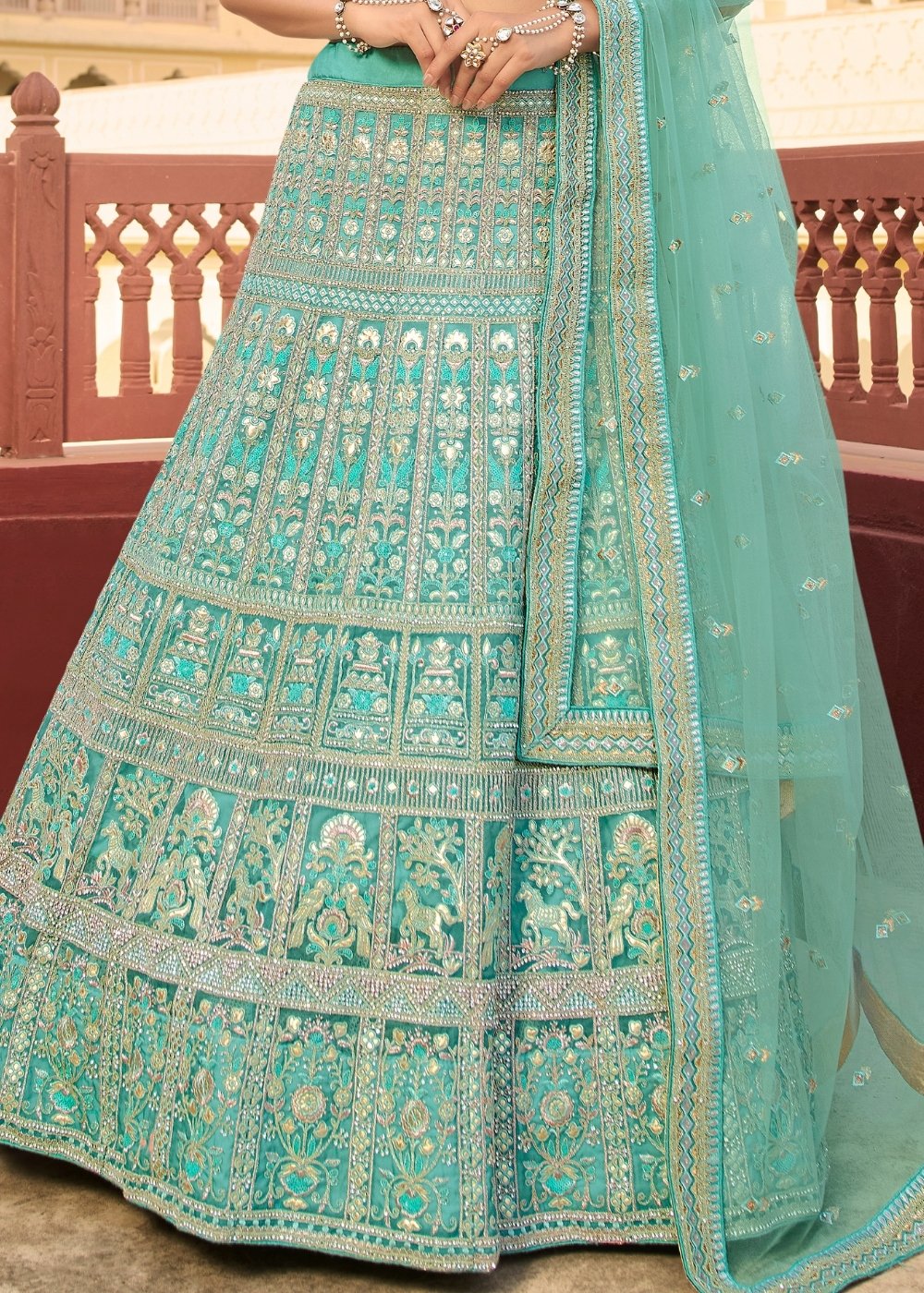 Light Turquoise Blue Organza Lehenga Choli with Zari, Dori, Resham,Gota & Zarkan work | Ready To Wear - qivii