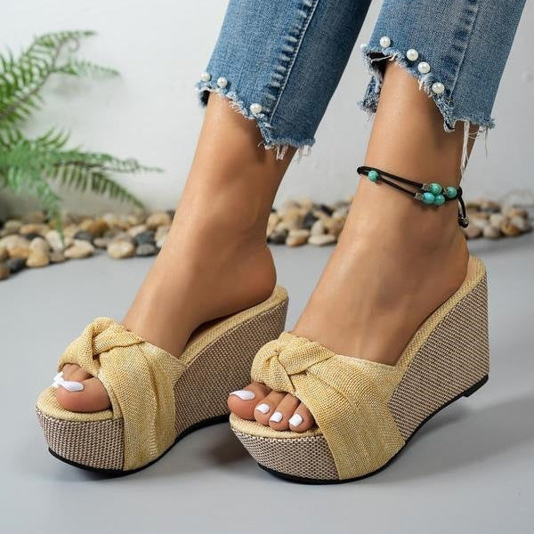 Women's Celeste Bow Peep-Toe Wedge Slide Sandals - Elegant Roman Summer Slides (US 4-10.5)