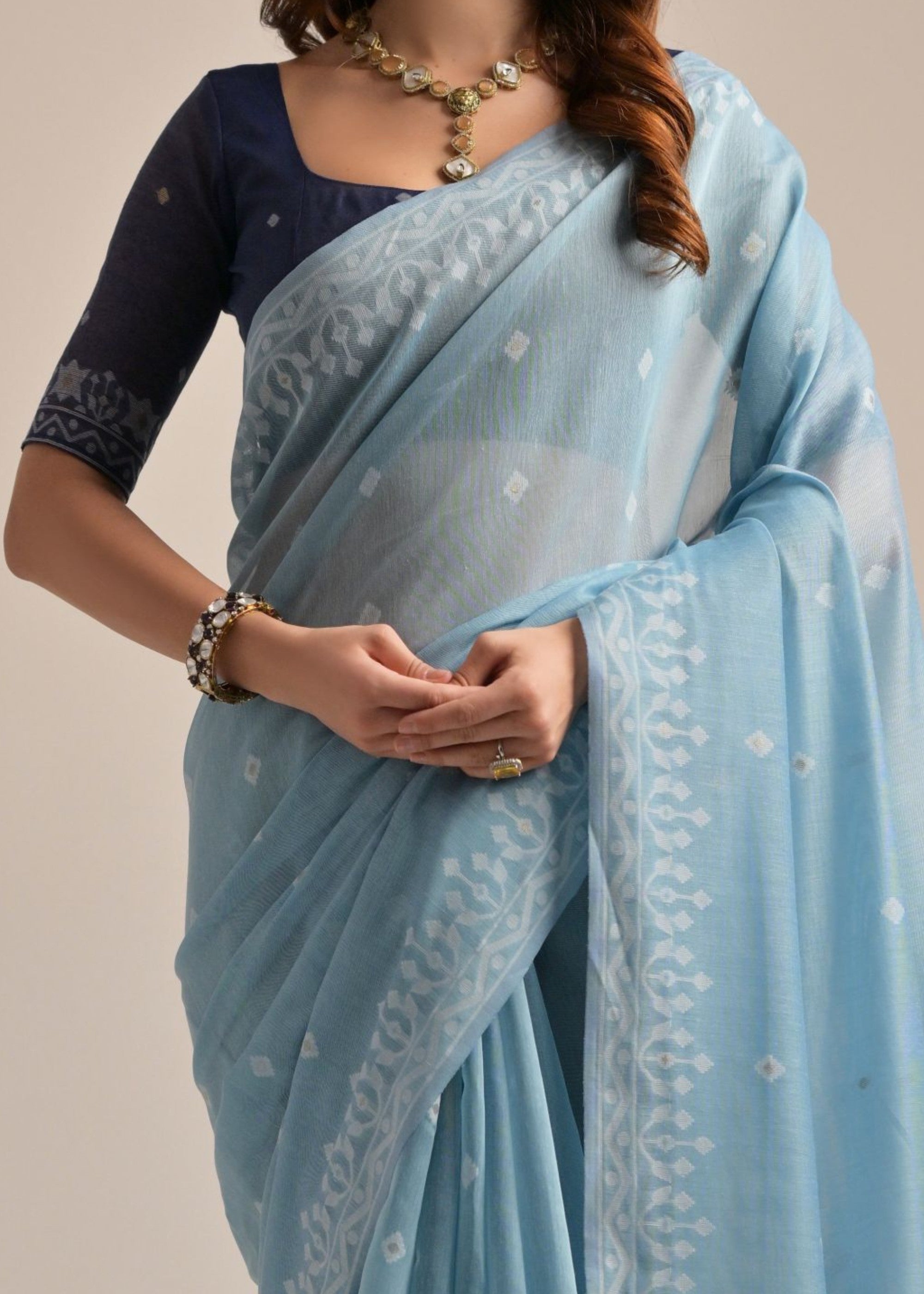 Firozi Thread Butti Lakhnawi Weaves Muga Cotton Saree With Contrast Pallu - qivii