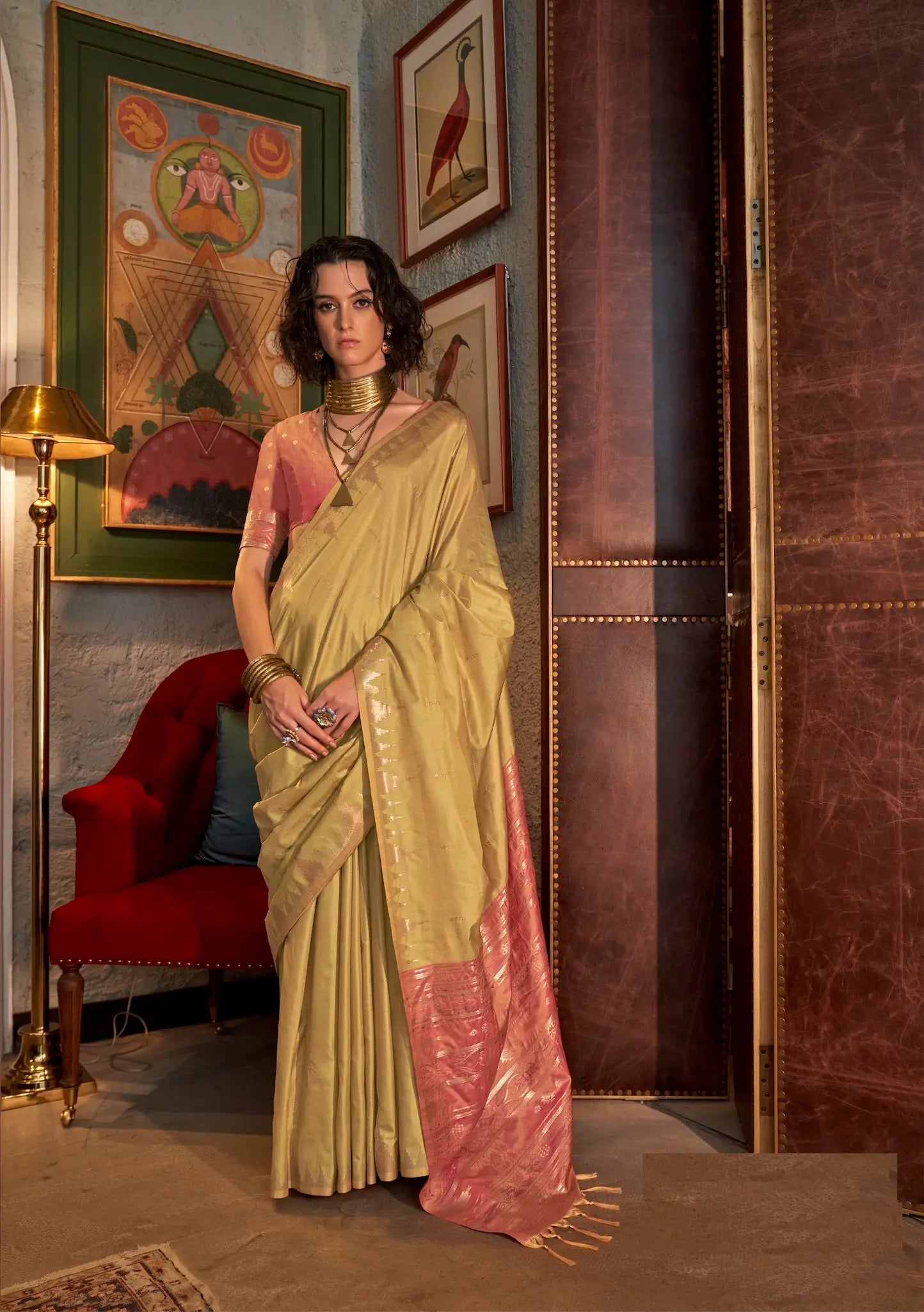 Camel Silk Saree With Contrast Ikkat Design Pallu - qivii