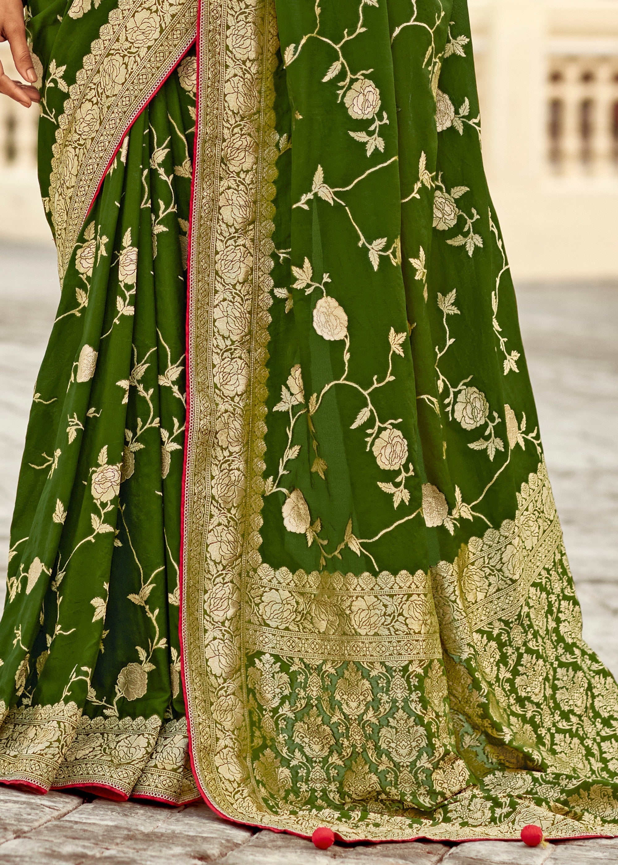 Mehendi Green Dola Silk Saree Embellished With Weaving Work And Heavy Embroidered Blouse - qivii