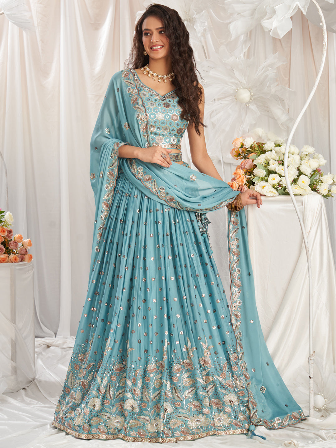 Turquoise Blue - Golden Dull-Bright Sequin,Golden-Sliver Threaded Embroidered Georgette Semi-Stitched Lehenga choli - qivii