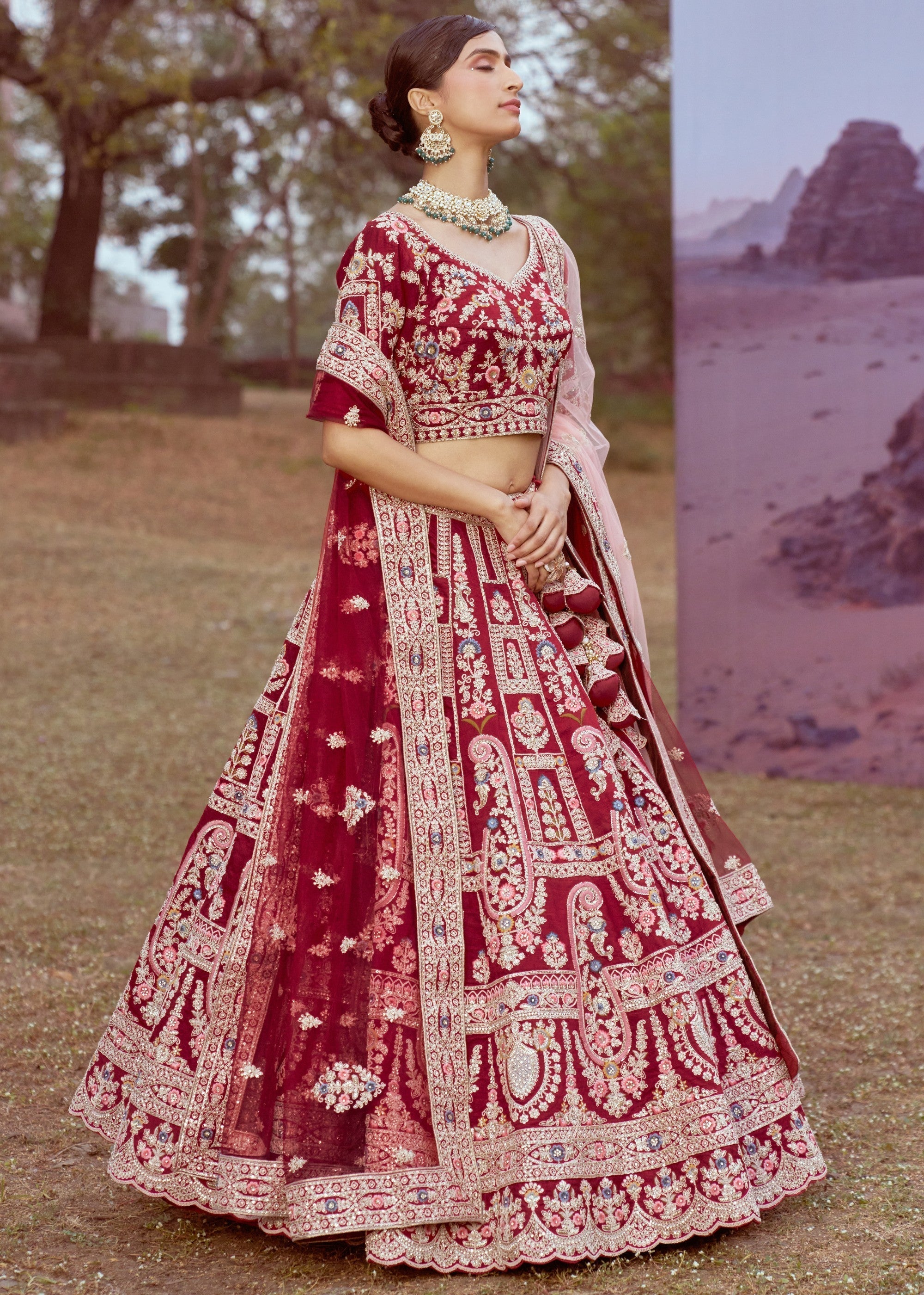 Maroon Pure Silk Moti, Sequins Embroidery Bridal Lehenga | Ready To Wear - qivii