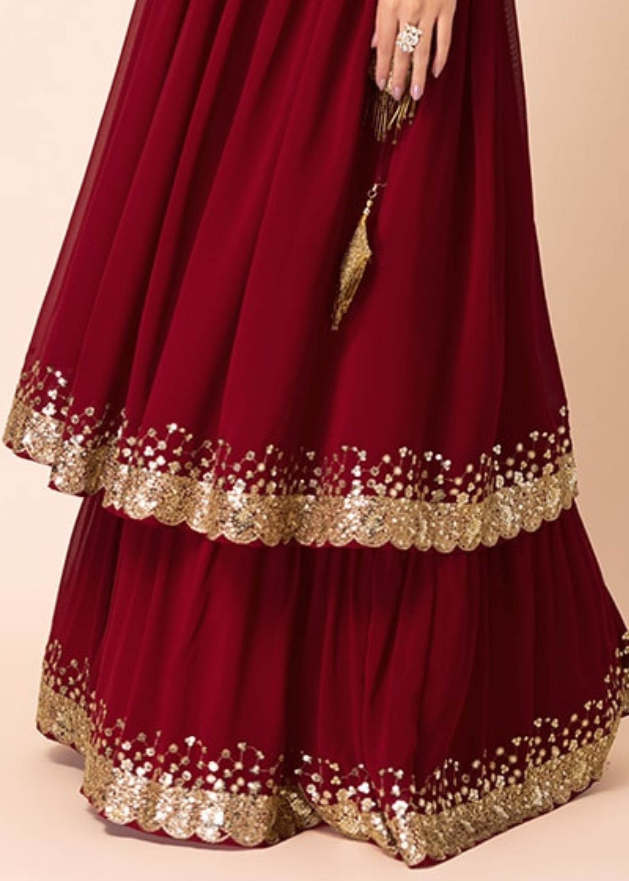 Garnet Red Georgette Lehenga Choli With Sequins And Thread Embroidery Work | Ready To Wear - qivii