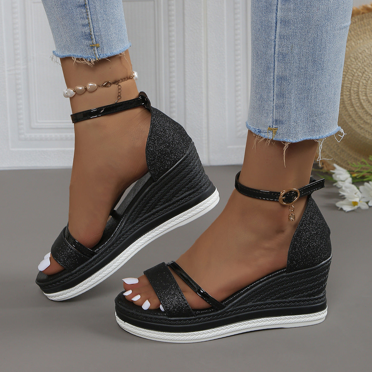 Women's Plus Size Rhinestone Platform Sandals – Peep-Toe Wedge Heel with Adjustable Ankle Strap, Chunky Beach Wedding Shoes