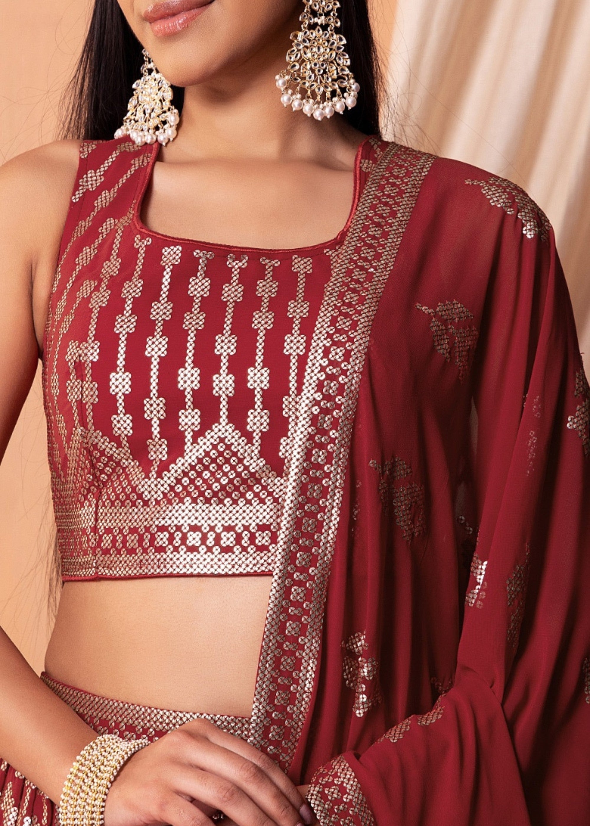 Maroon Red Georgette Lehenga Choli With Sequins And Thread Embroidery Work | Ready To Wear - qivii