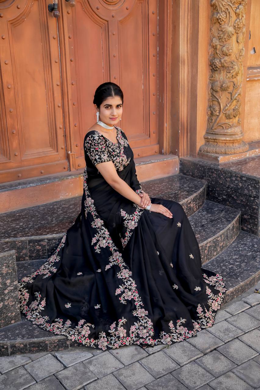 Black Heavy Kasturi silk saree with thread , zari & dori work - INSPIRED - qivii