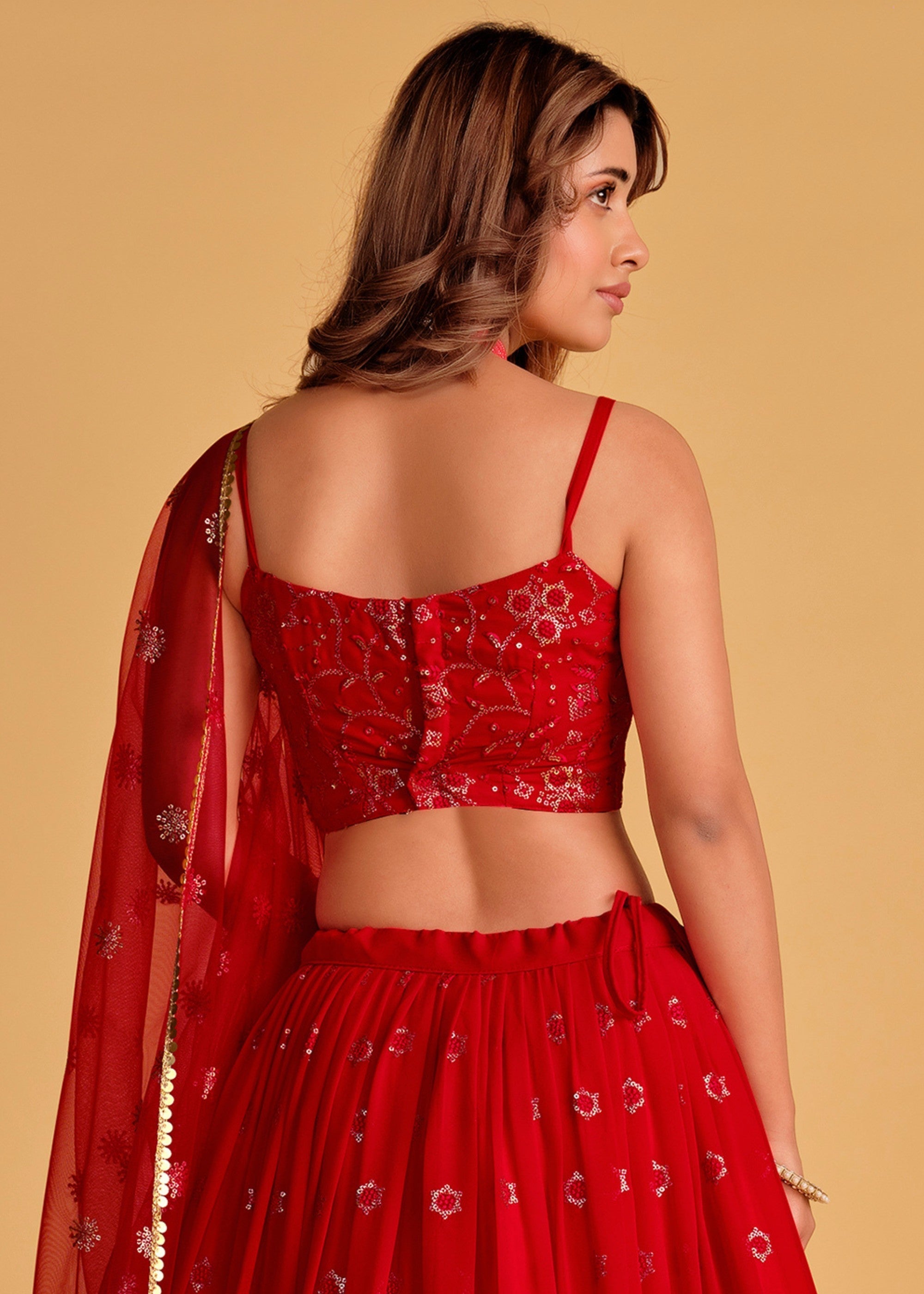 Crimson Red Georgette Lehenga Choli With Sequins Zari Embroidered Work | Ready To Wear - qivii