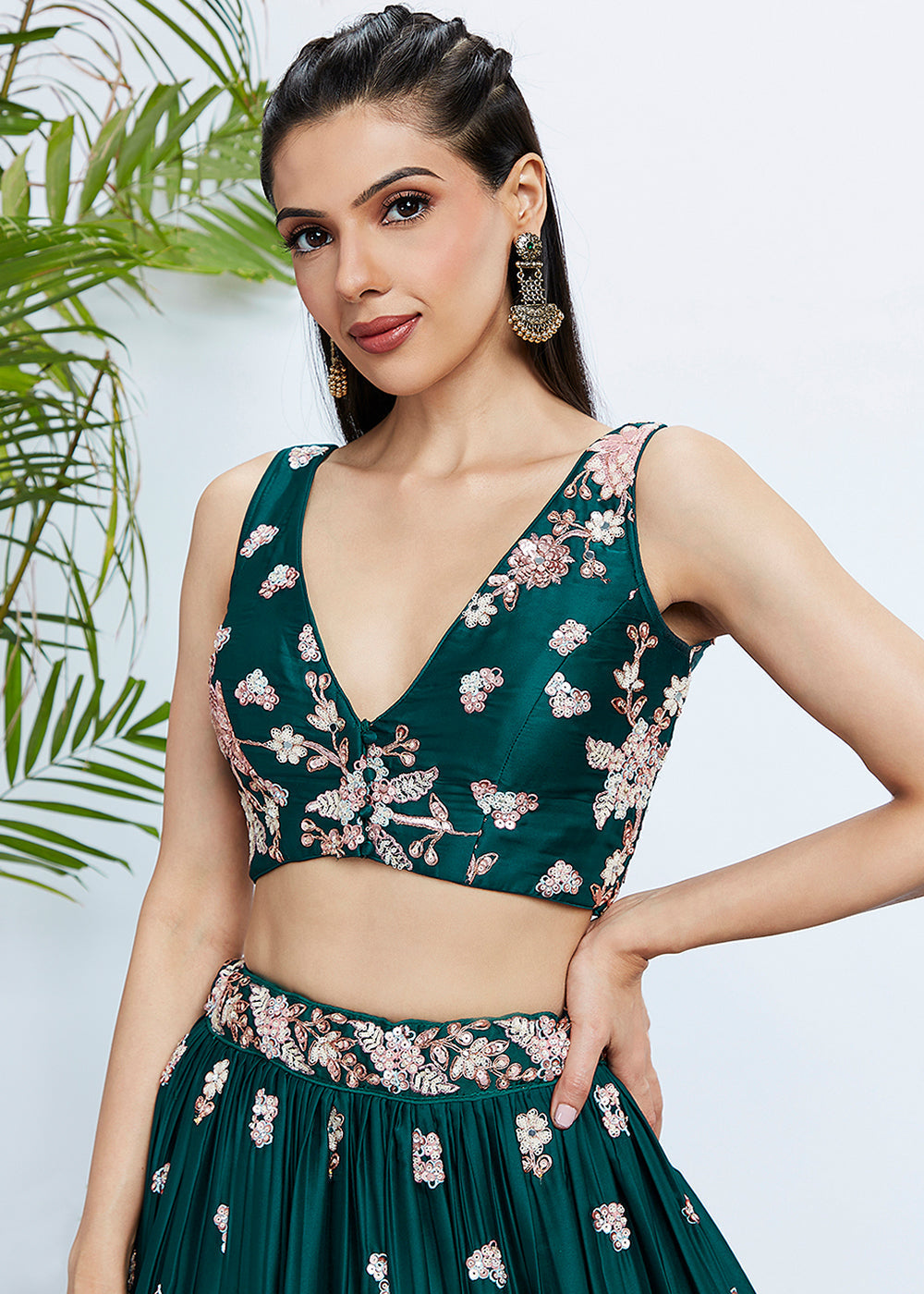 Dark Green Georgette Lehenga Choli with Sequins & Thread Embroidery work | Ready To Wear - qivii