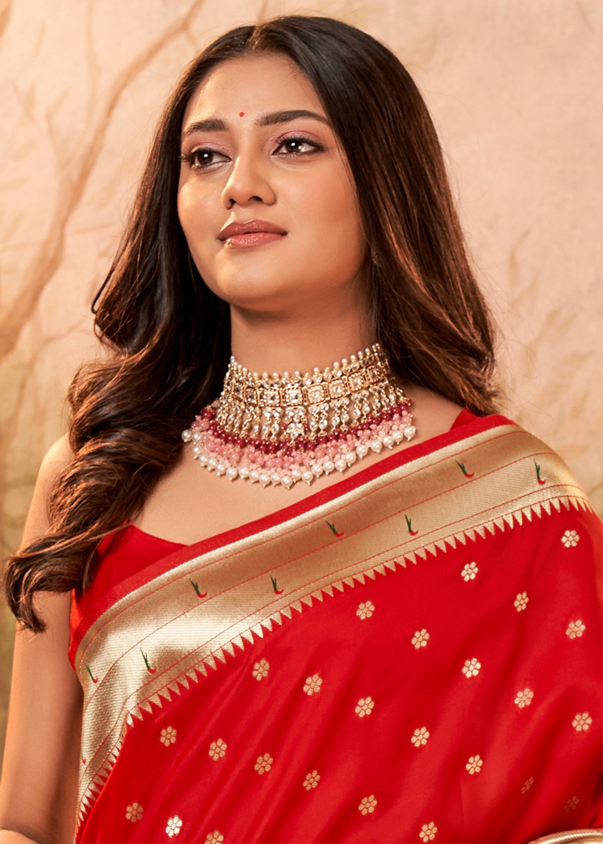 Cherry Red Paithani Silk Saree With Zari Weaving - qivii