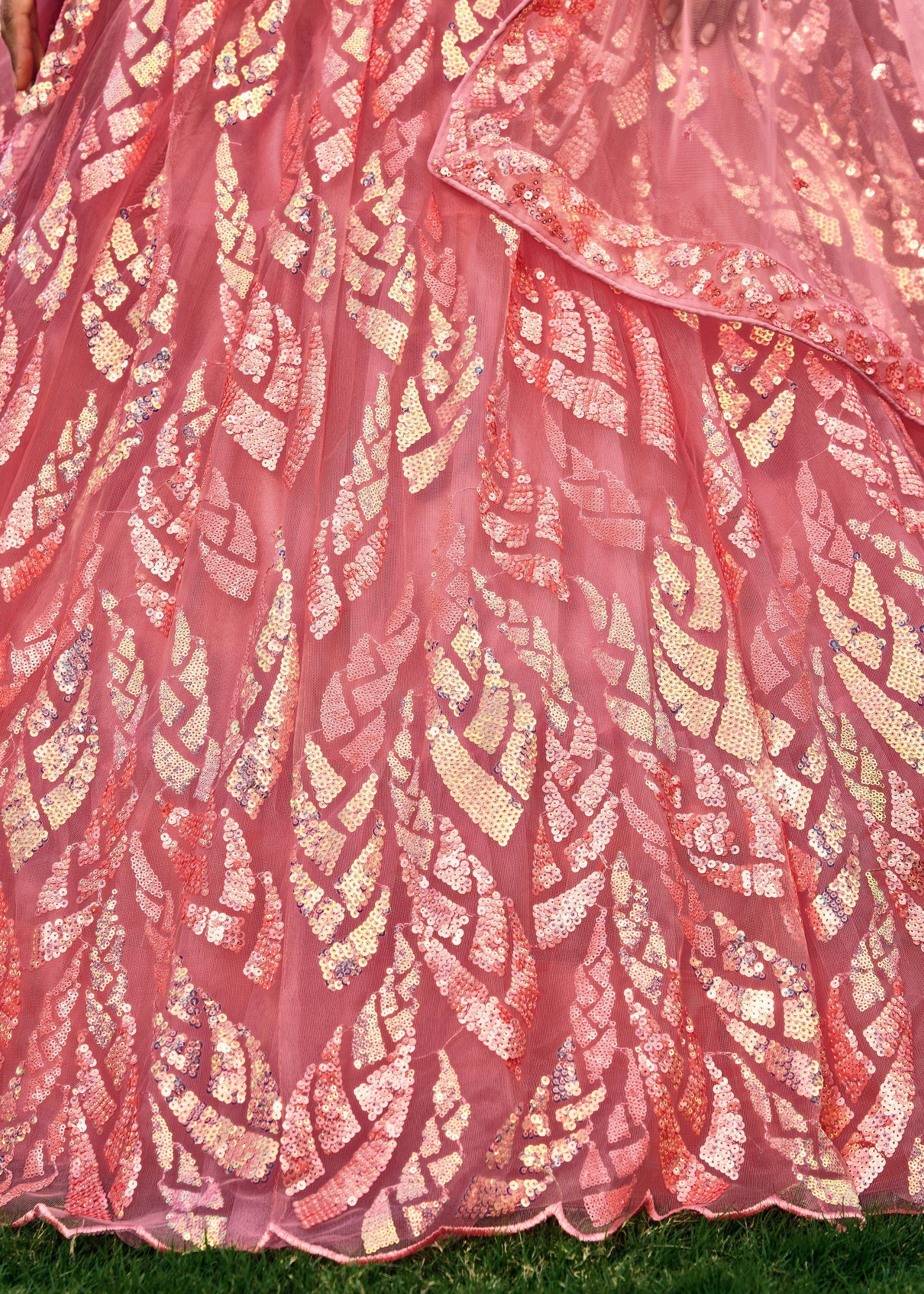 Baby Pink Net Lehenga Choli With Multiple Sequins And Thread Embroidery Work | Ready To Wear - qivii