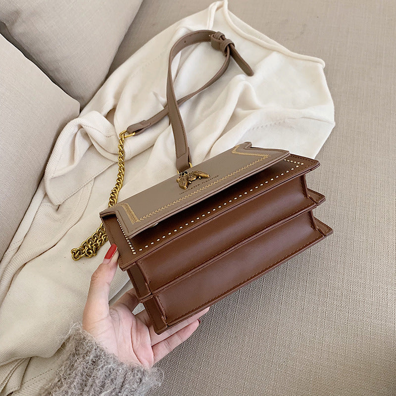 Women's Artisan-Crafted Distressed Crossbody Bag Small Box Purse with Stitched Rivets & Antique Gold Chain | Y2K Grunge Revival
