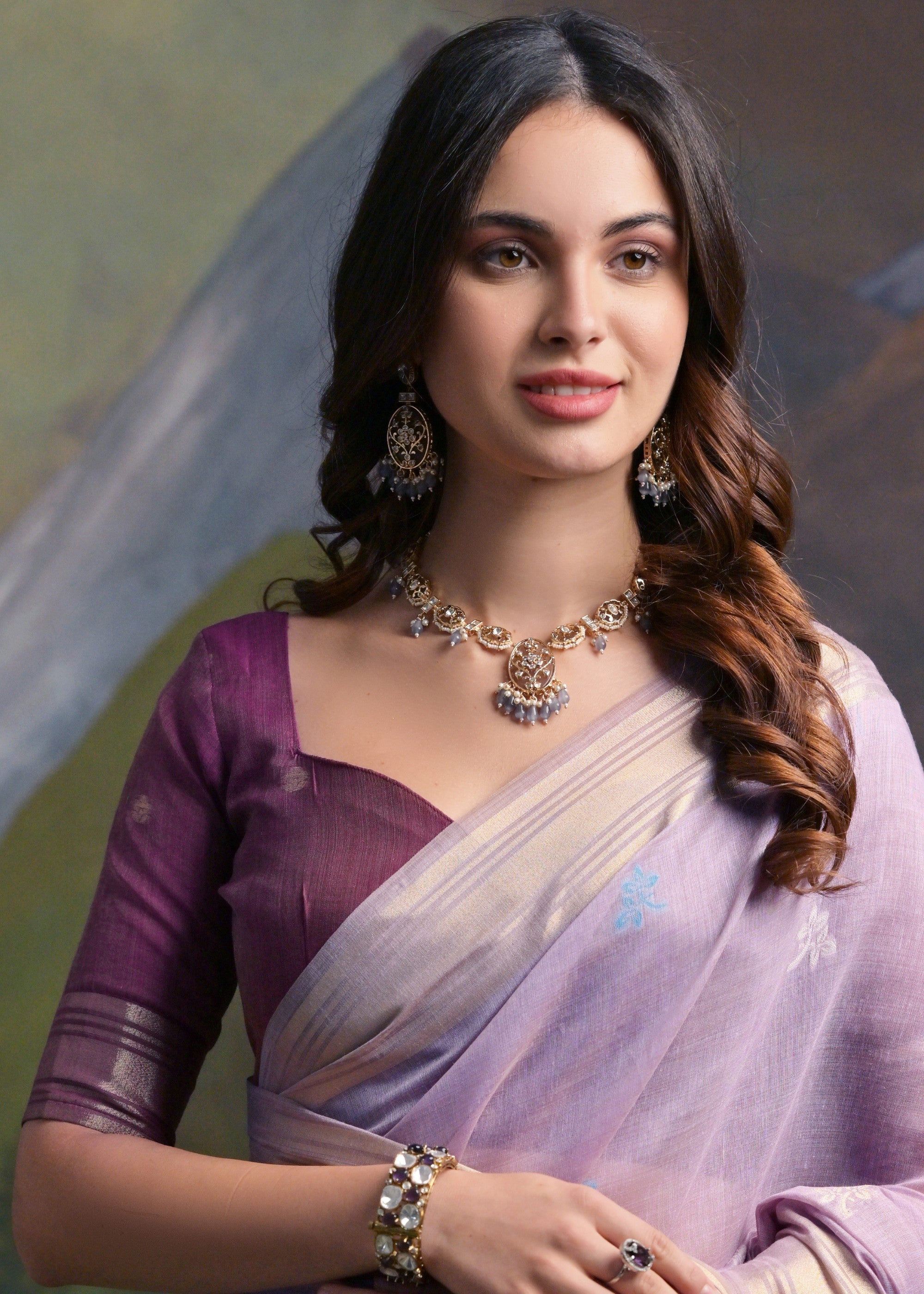 Lavender Purple Thread Woven Cotton Saree With Contrast Blouse And Pallu - qivii