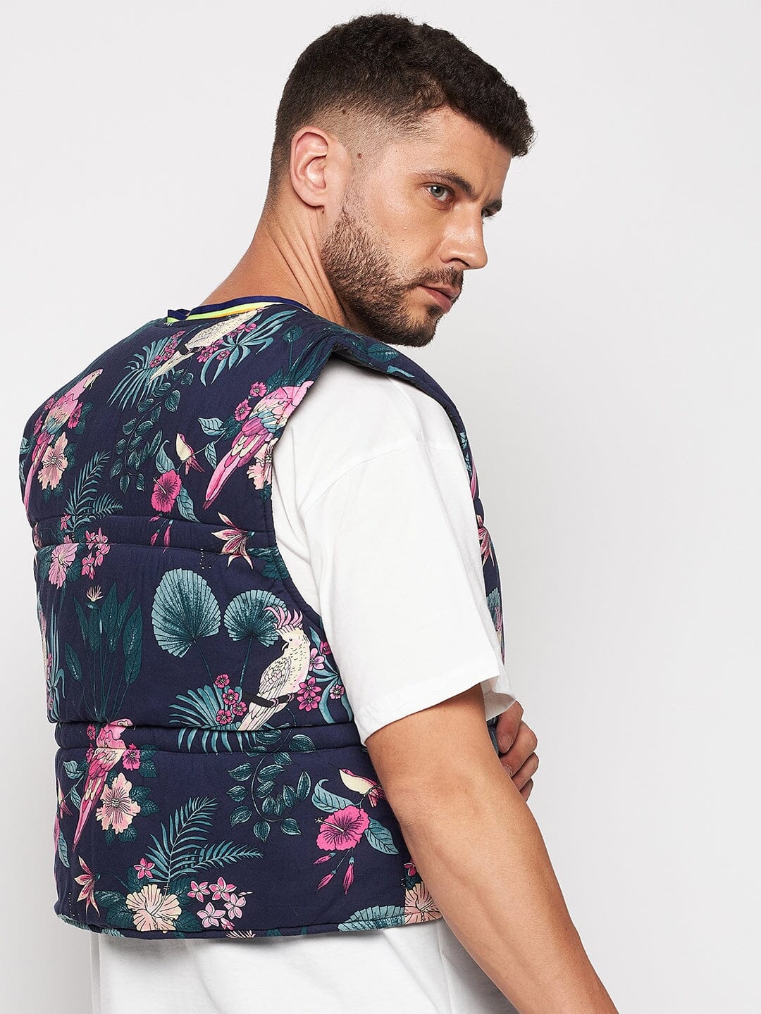 Navy Floral Print Sleeveless Puffer Jacket