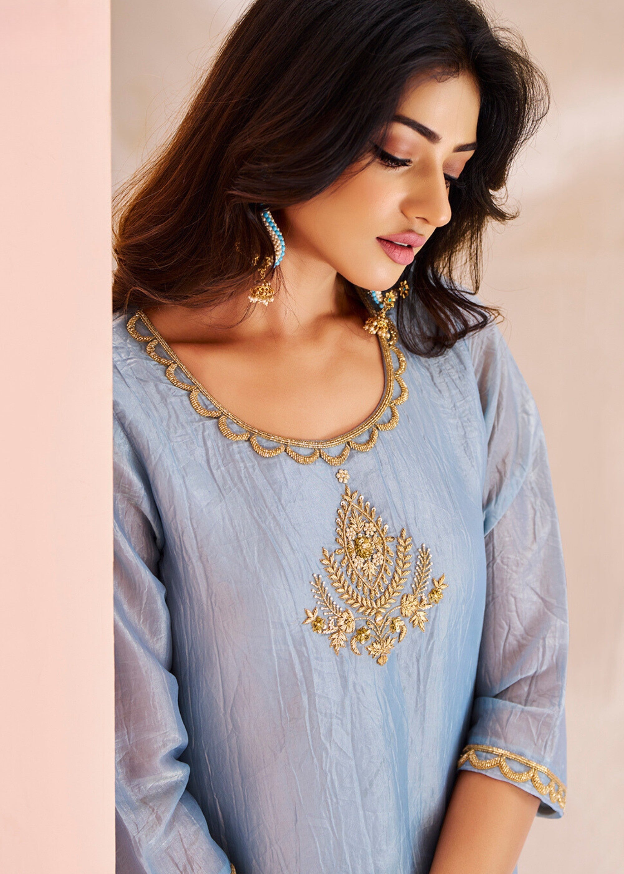 Pastel Blue Organza Handwork Kurta with Pant - qivii