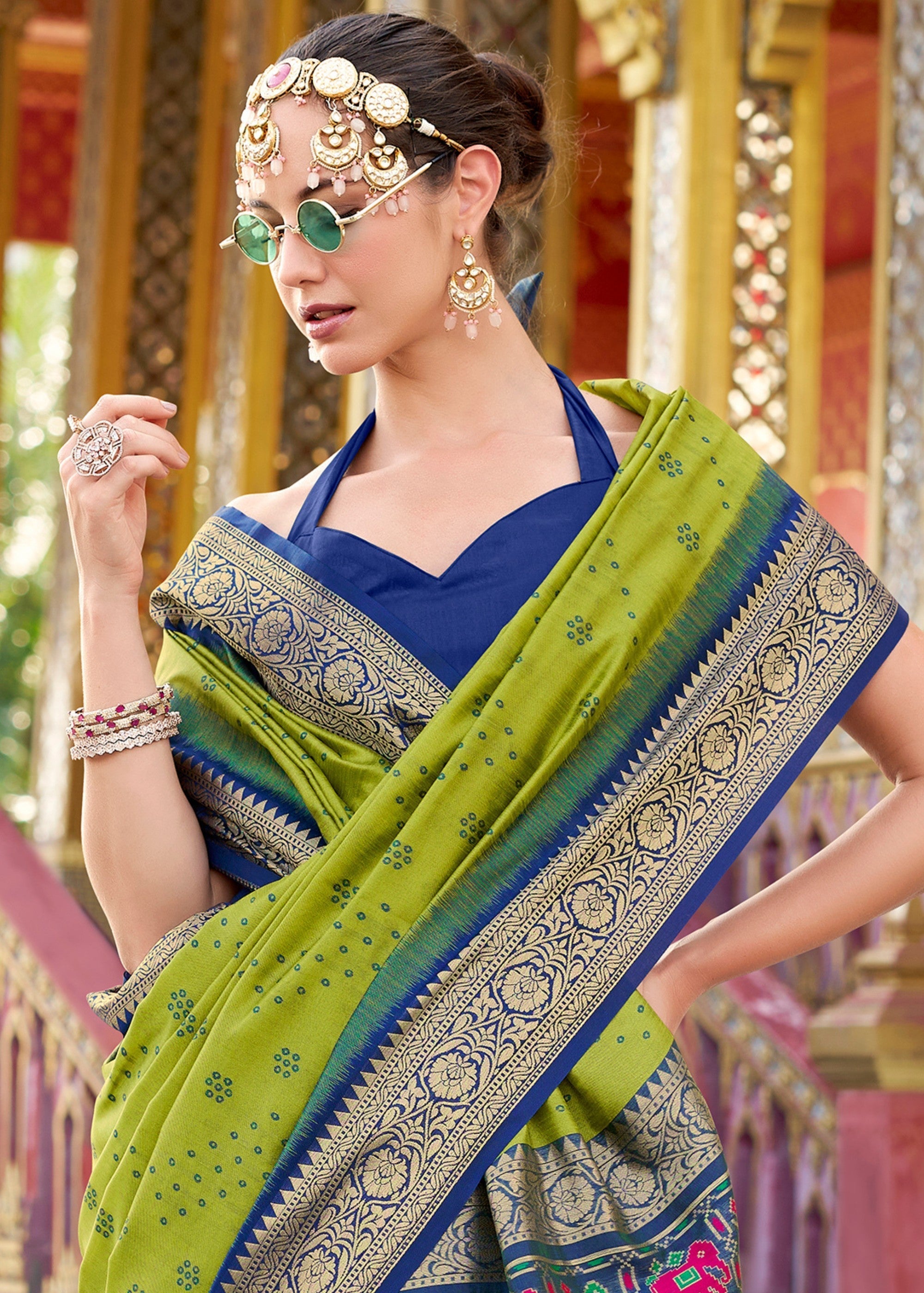 Pear Green Tusser Handloom Silk Saree With Zari Weaving Border & Patola Weaved Pallu - qivii
