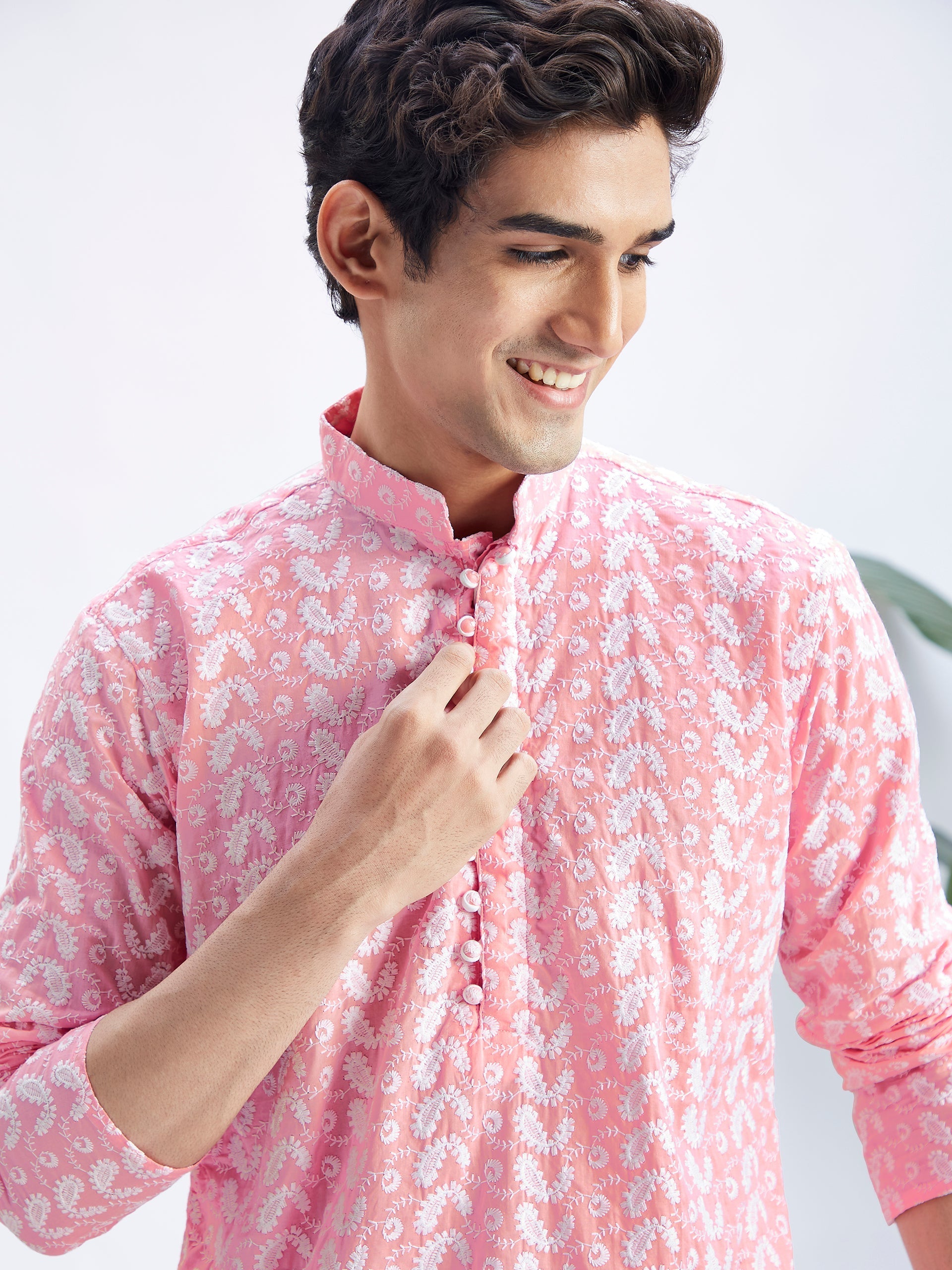 Men's Pink Pure Cotton Chikankari Kurta With Dhoti Set