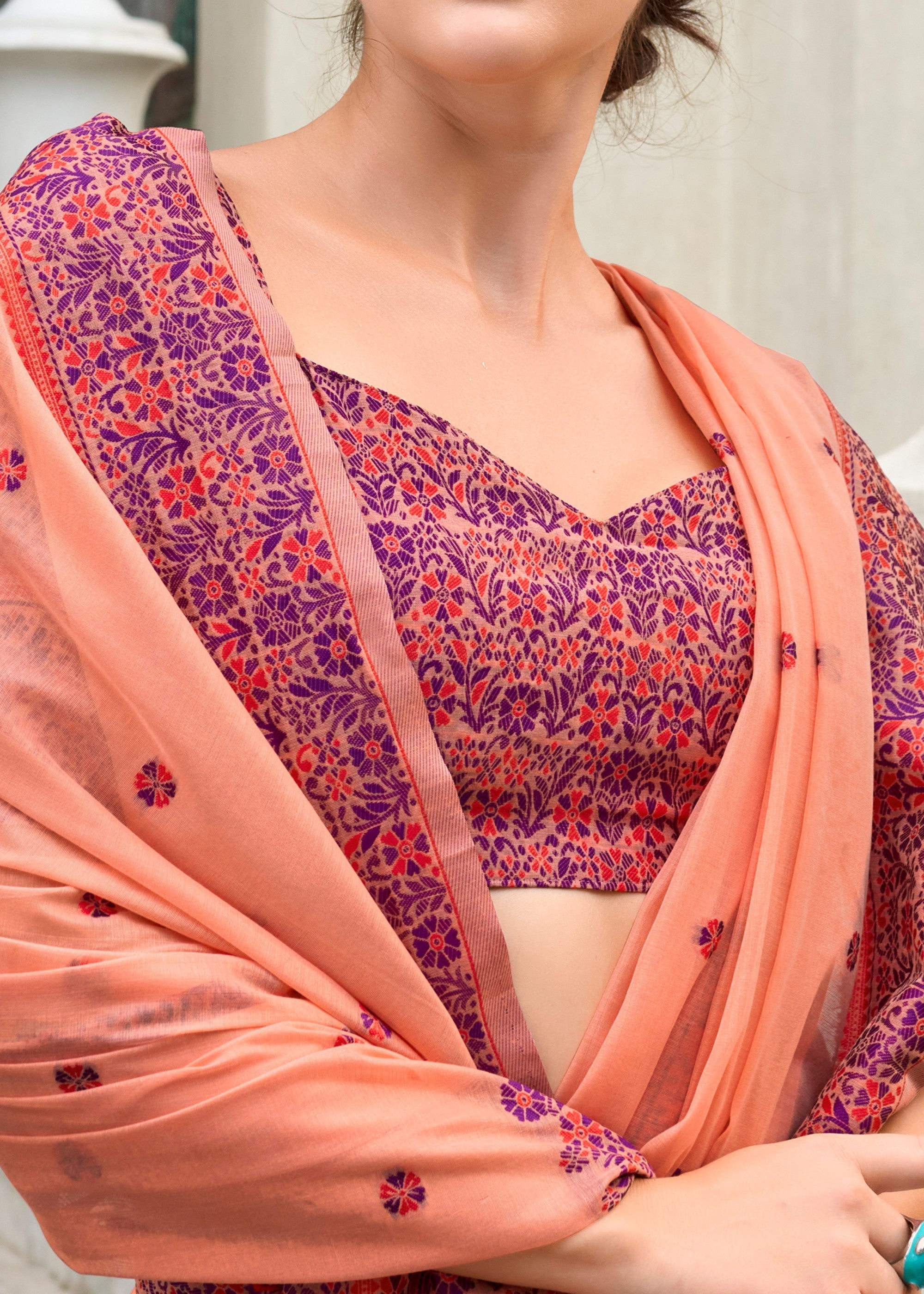 Coral Orange Soft Linen Cotton Silk Saree - qivii