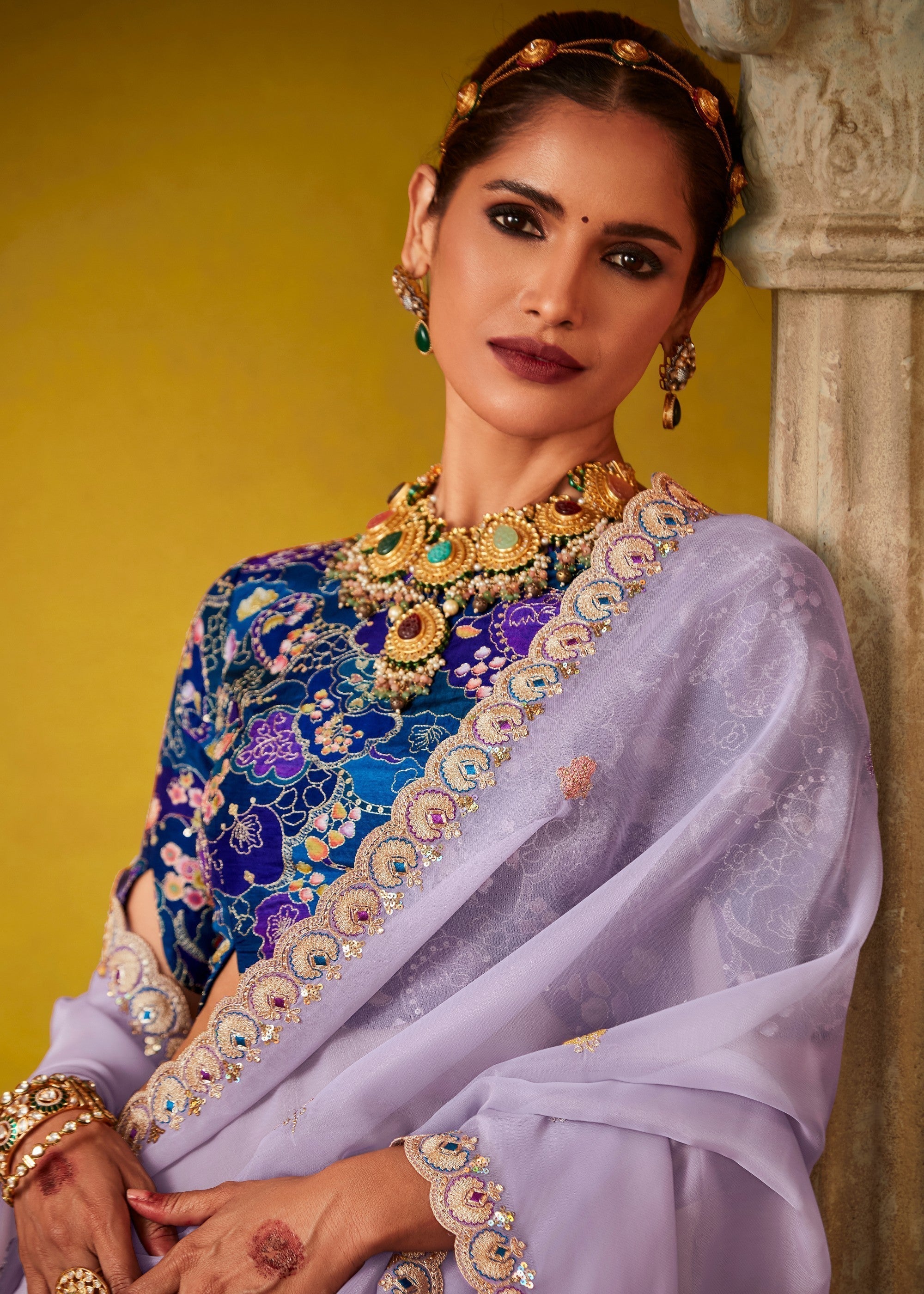 Mauve Purple Glass Tissue Silk Saree With Sequins And Thread Embroidered Work - qivii
