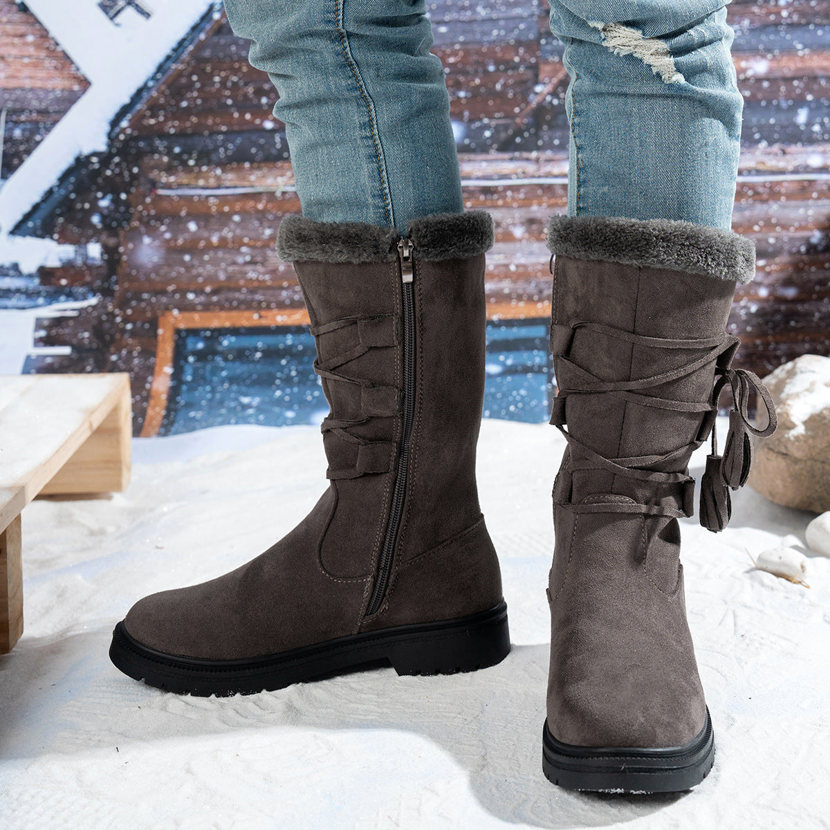 Women's Marlowe Fleece-Lined Mid-Calf Snow Boots - Lace-Up Winter Boots with Side Zip & Faux Fur Trim (US 5-10.5)