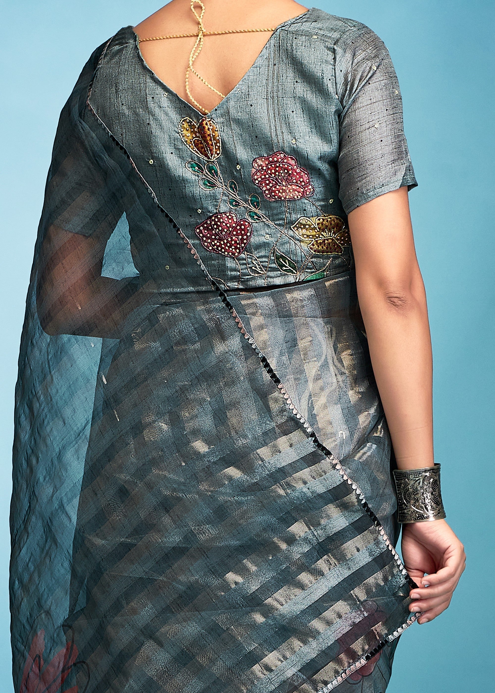 Iron Grey Tissue Silk Saree With Floral Print - qivii