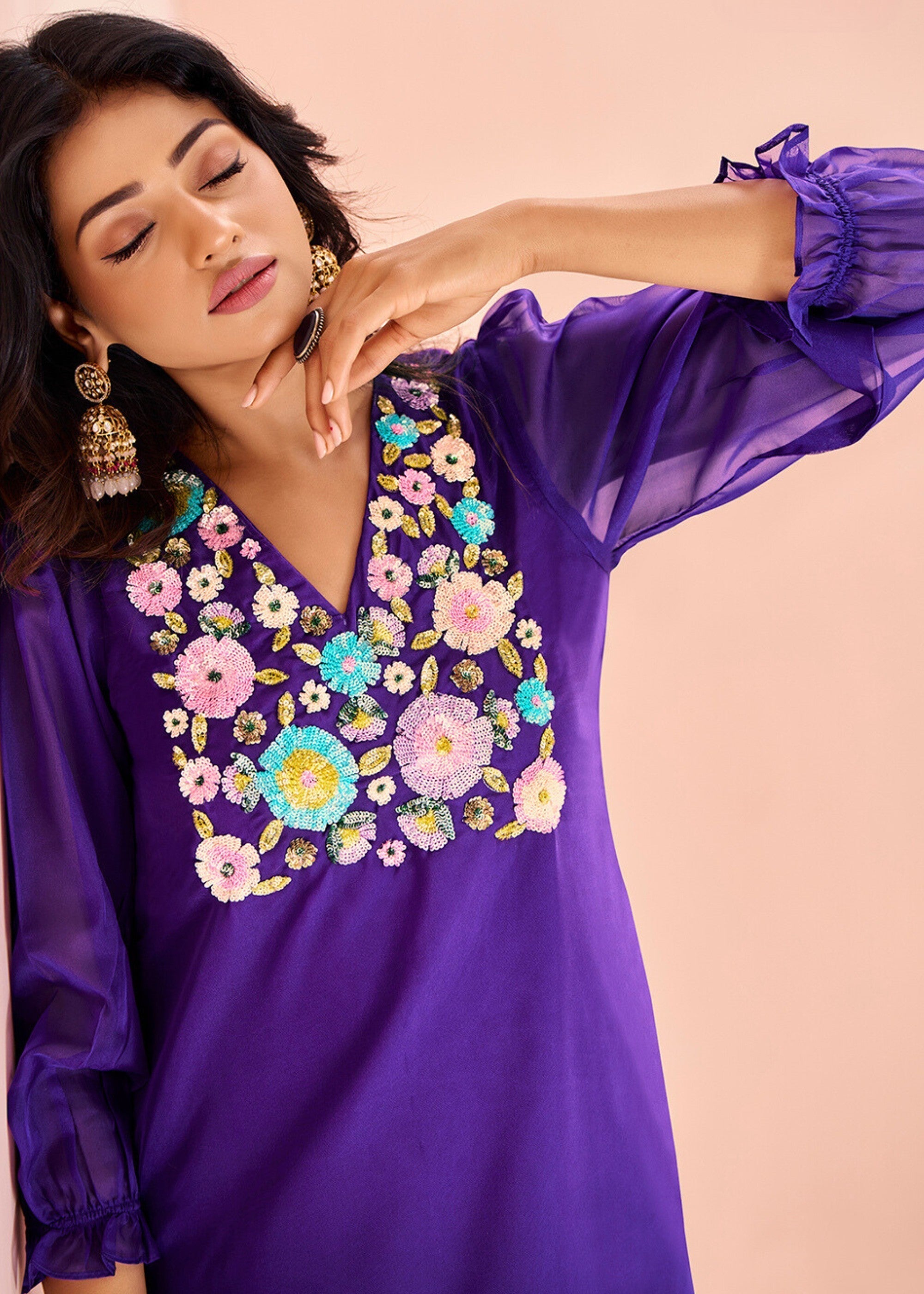 Vibrant Purple Organza Handwork Kurta with Pant - qivii