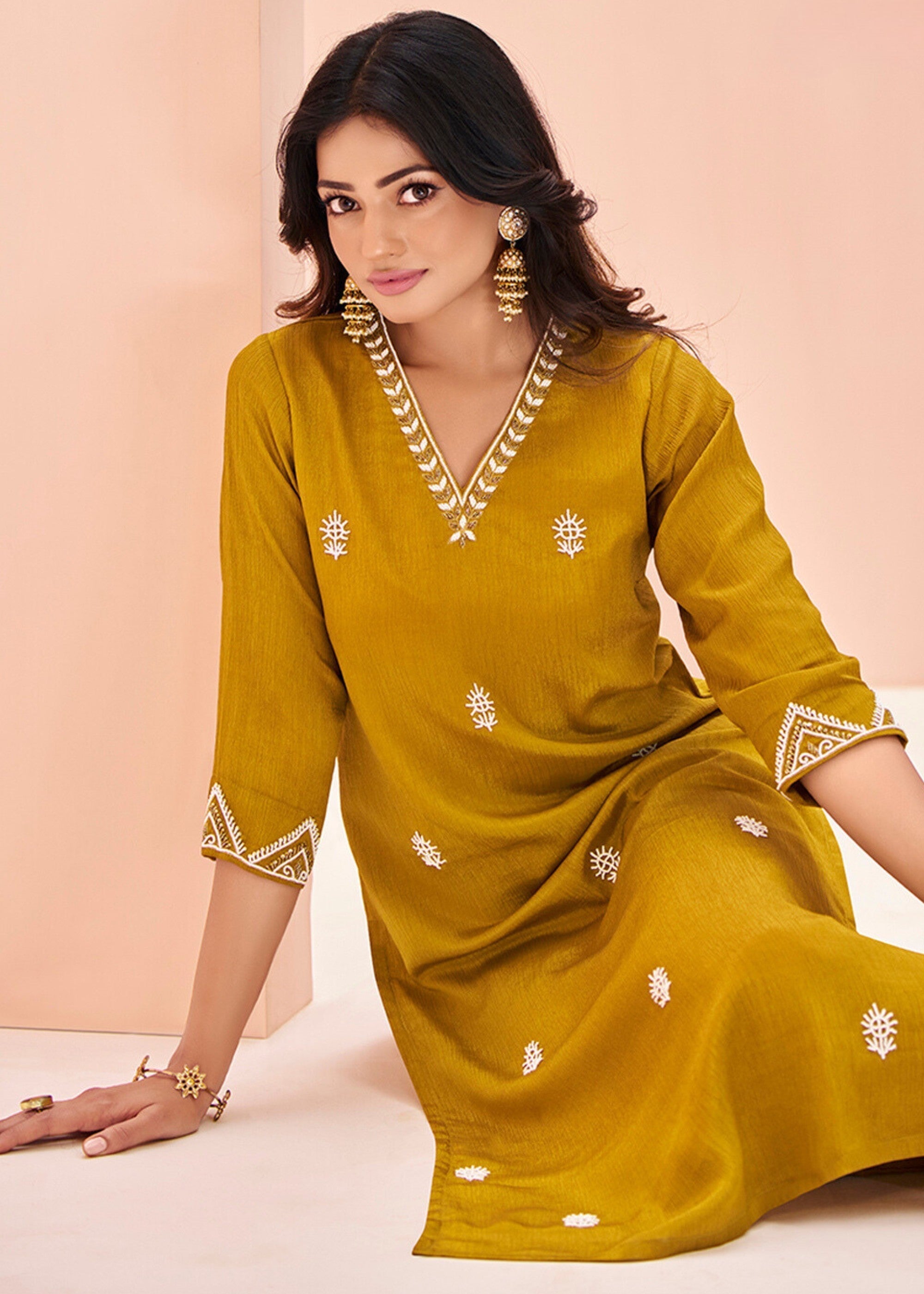 Chinon Mustard Handwork Kurta with Trouser - qivii