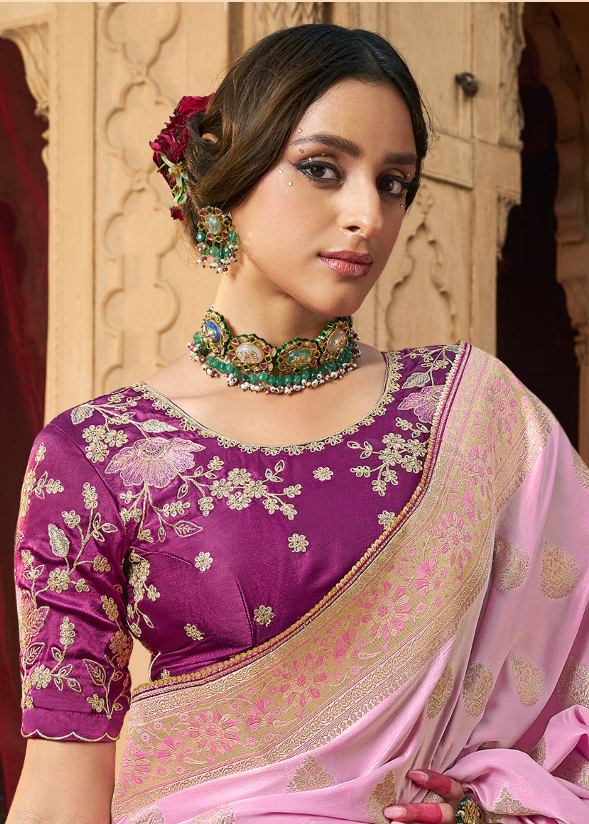 Neon Pink Satin Silk Saree With Beautiful Lace Border And Heavy Designer Embroidered Blouse - qivii