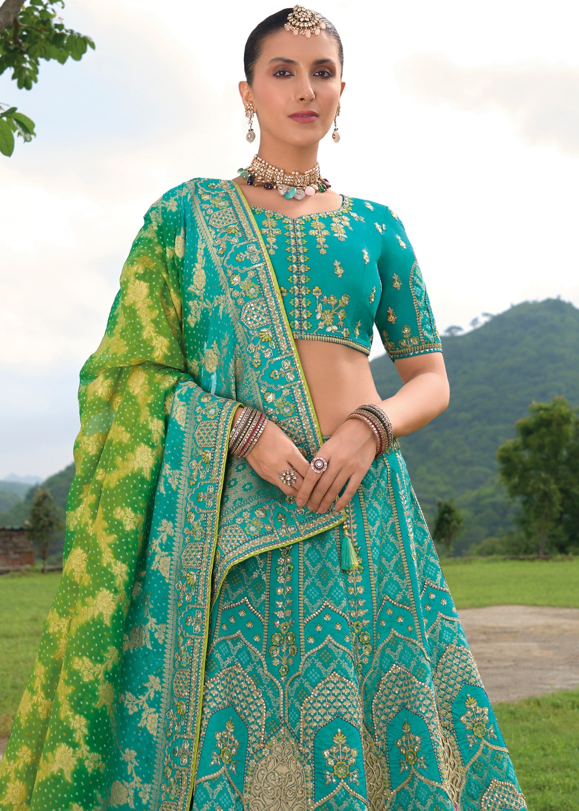 Teal Blue Banarasi Silk Lehenga With Heavy Embroidery Work | Ready To Wear - qivii