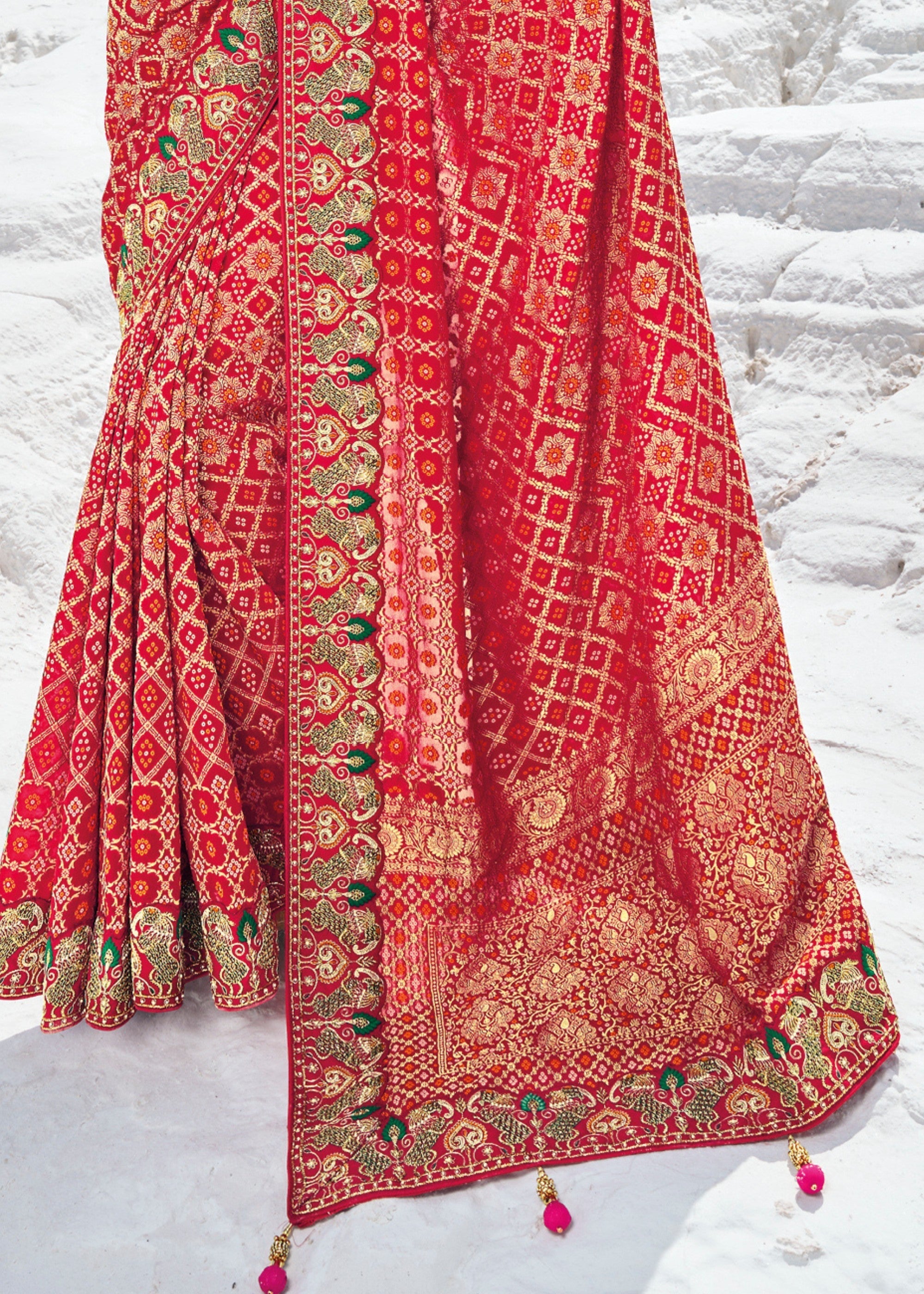 Crimson Red Pure Georgette Bandhani Patola With Zari Weaving Heavy Work Saree - qivii