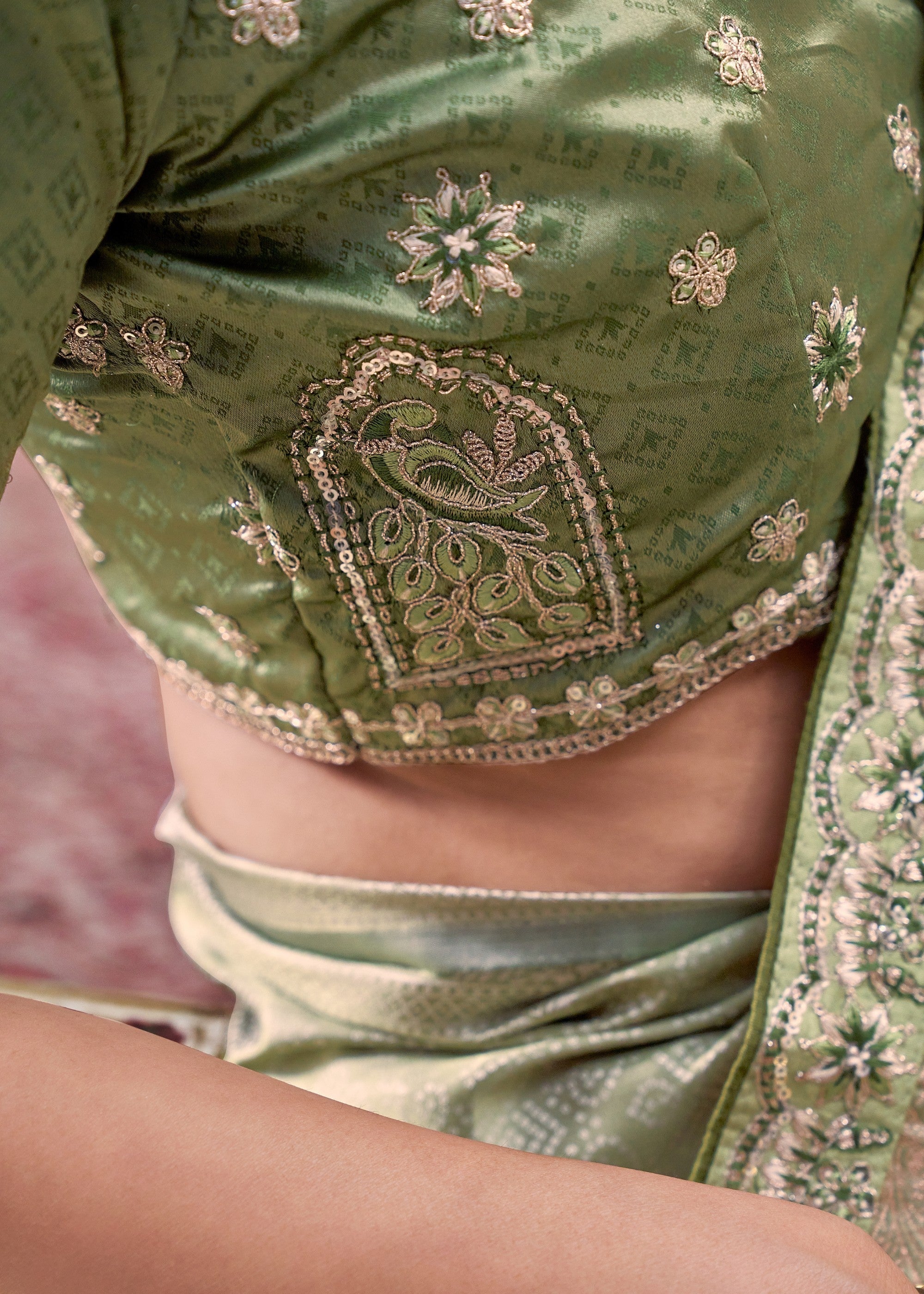 Sage Green Satin Silk Saree With Heavy Embroidery Lace & Blouse - qivii