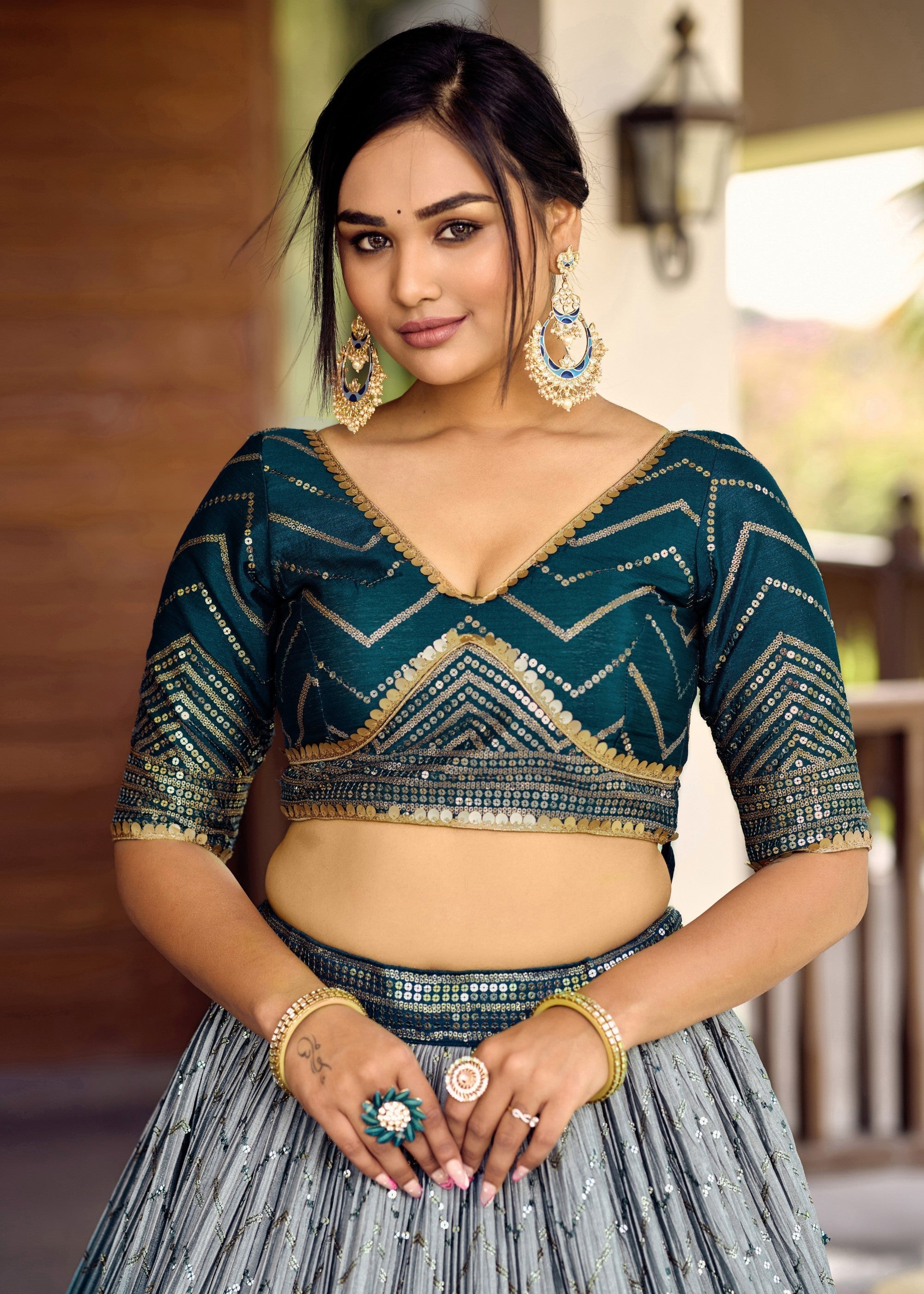 Turquoise Blue Chinon Silk Lehenga With Sequence and Thread Embroidery Work | Ready To Wear - qivii