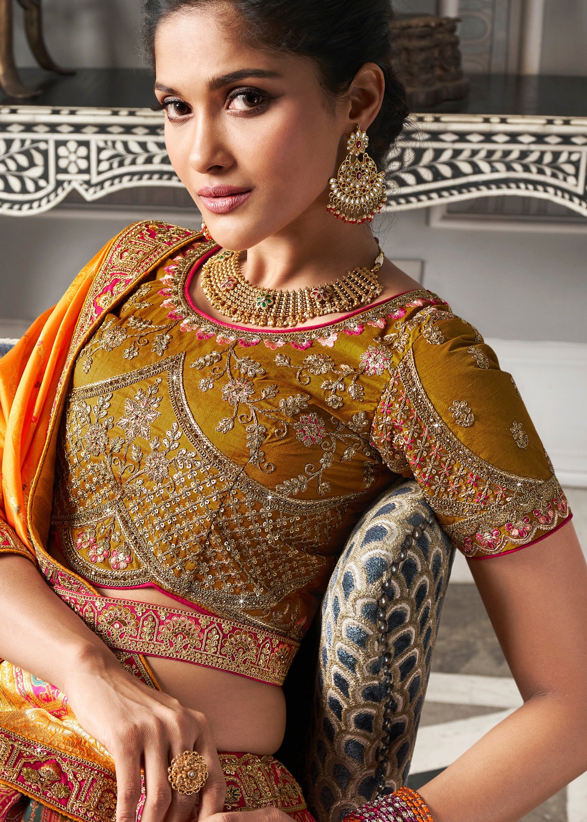 Mustard Yellow & Orange Banarasi Silk Lehenga with Zarkan Codding work | Ready To Wear - qivii