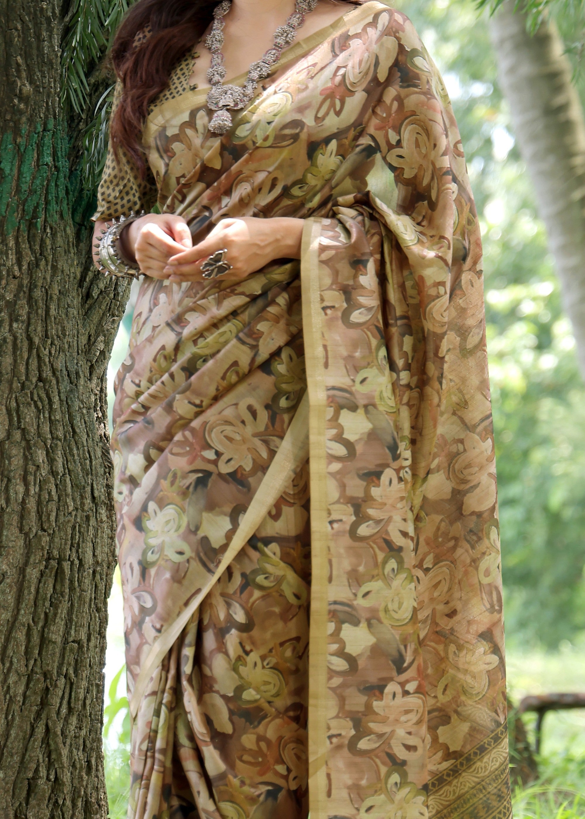 Coffee Flower Printed Design Cotton Silk Saree With Printed Pallu - qivii