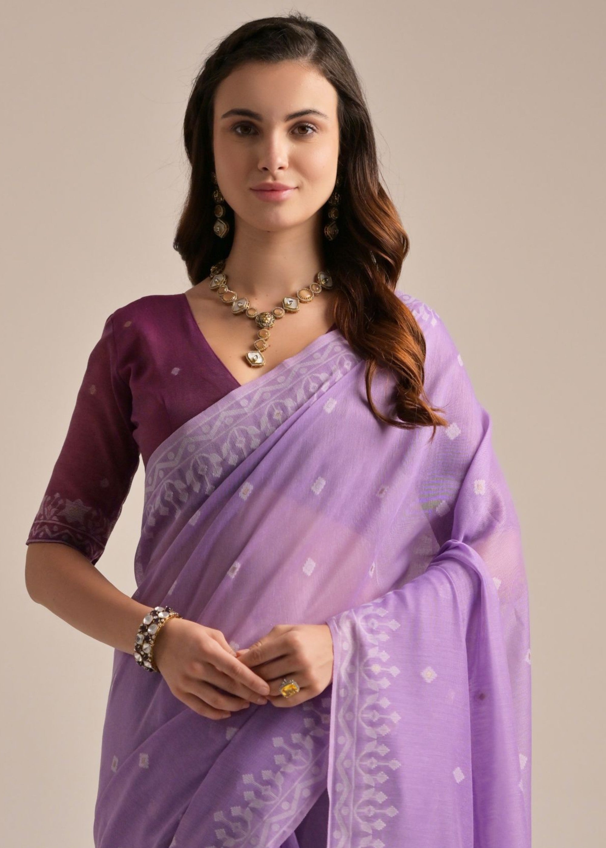 Lavender Thread Butti Lakhnawi Weaves Muga Cotton Saree With Contrast Pallu - qivii