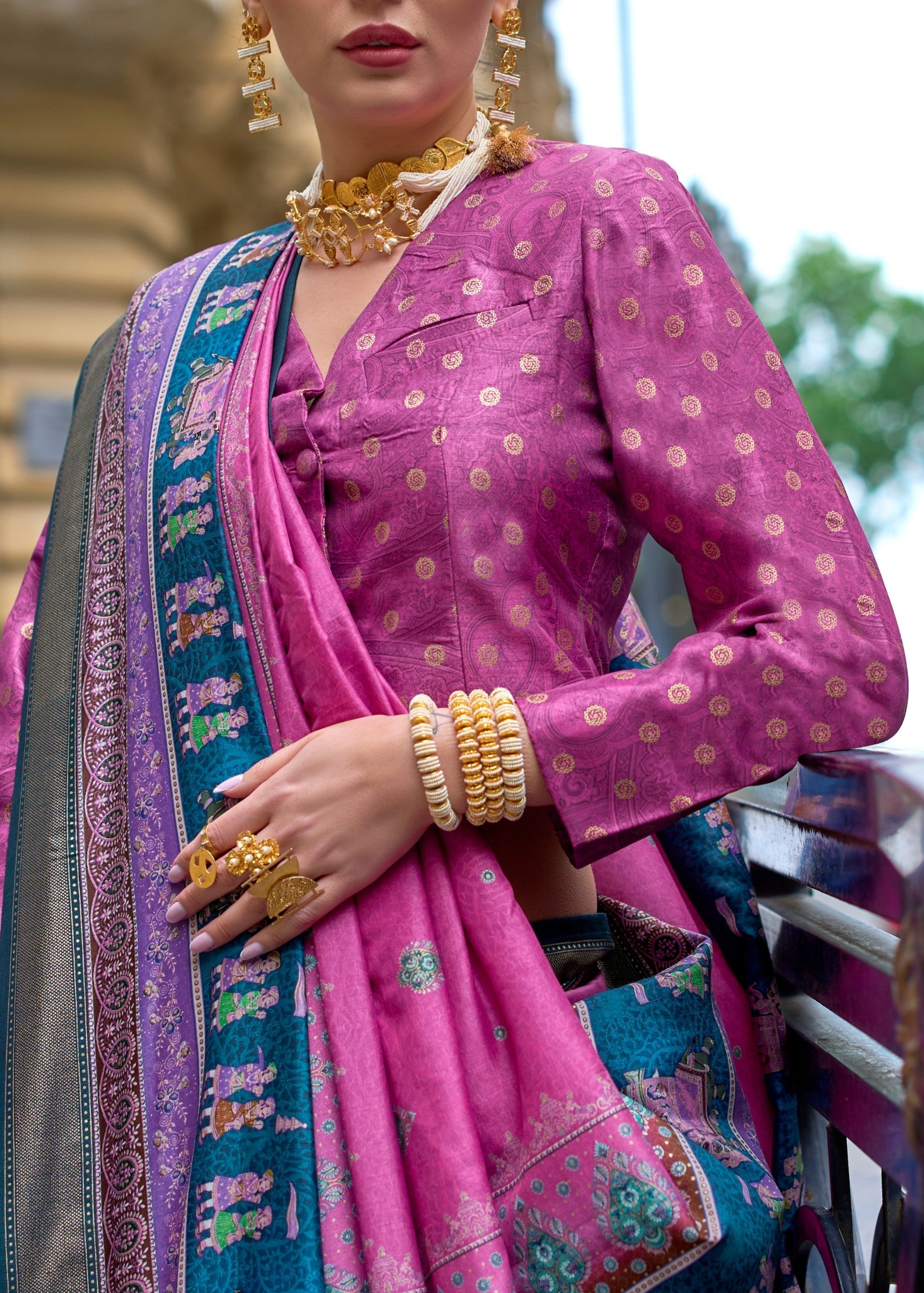 Shocking Pink Poly Viscose Silk Saree With Foil Print - qivii