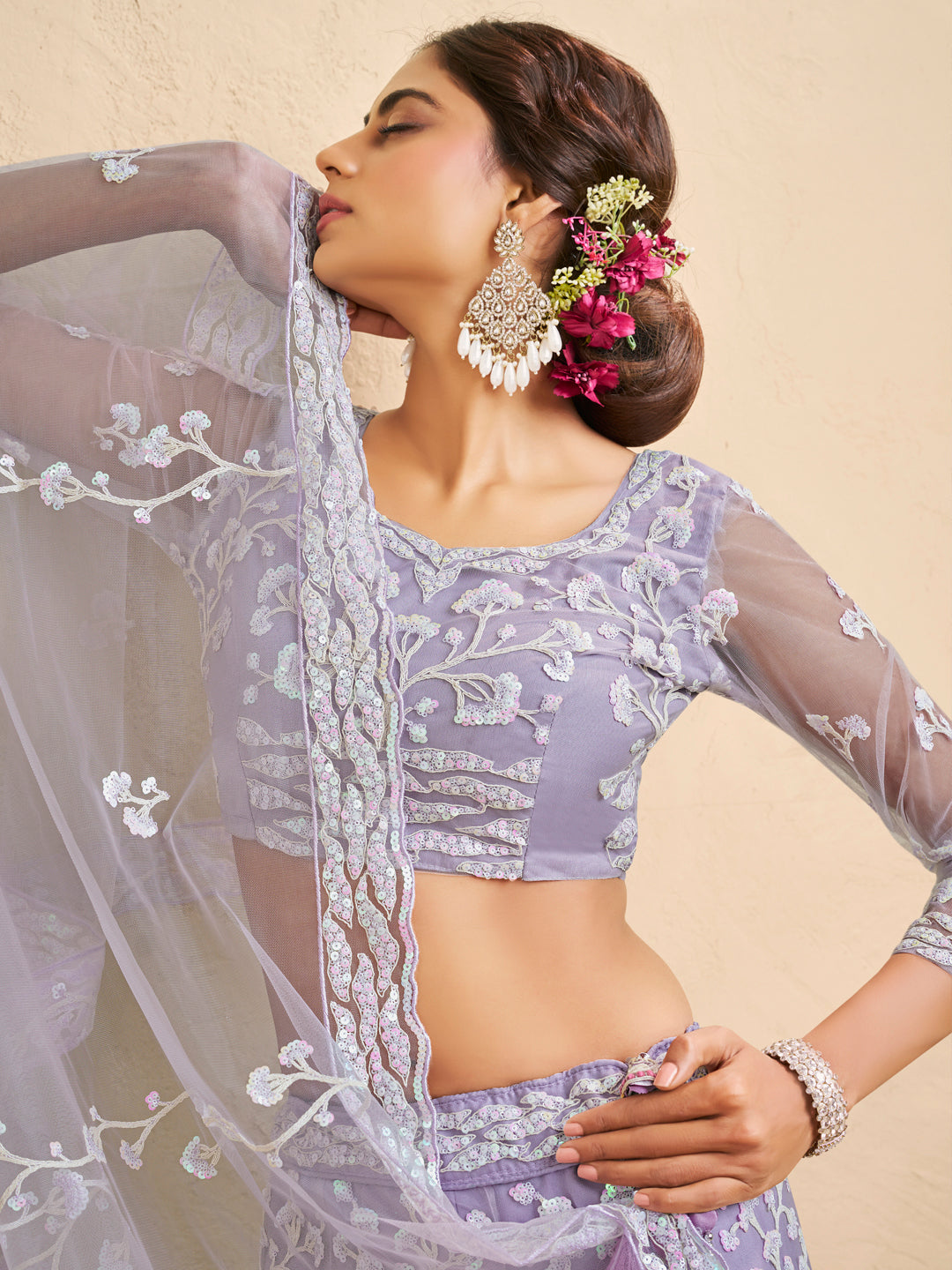 Lavender Color Net Fabric Sequins embroidery Lehenga choli & Dupatta - qivii