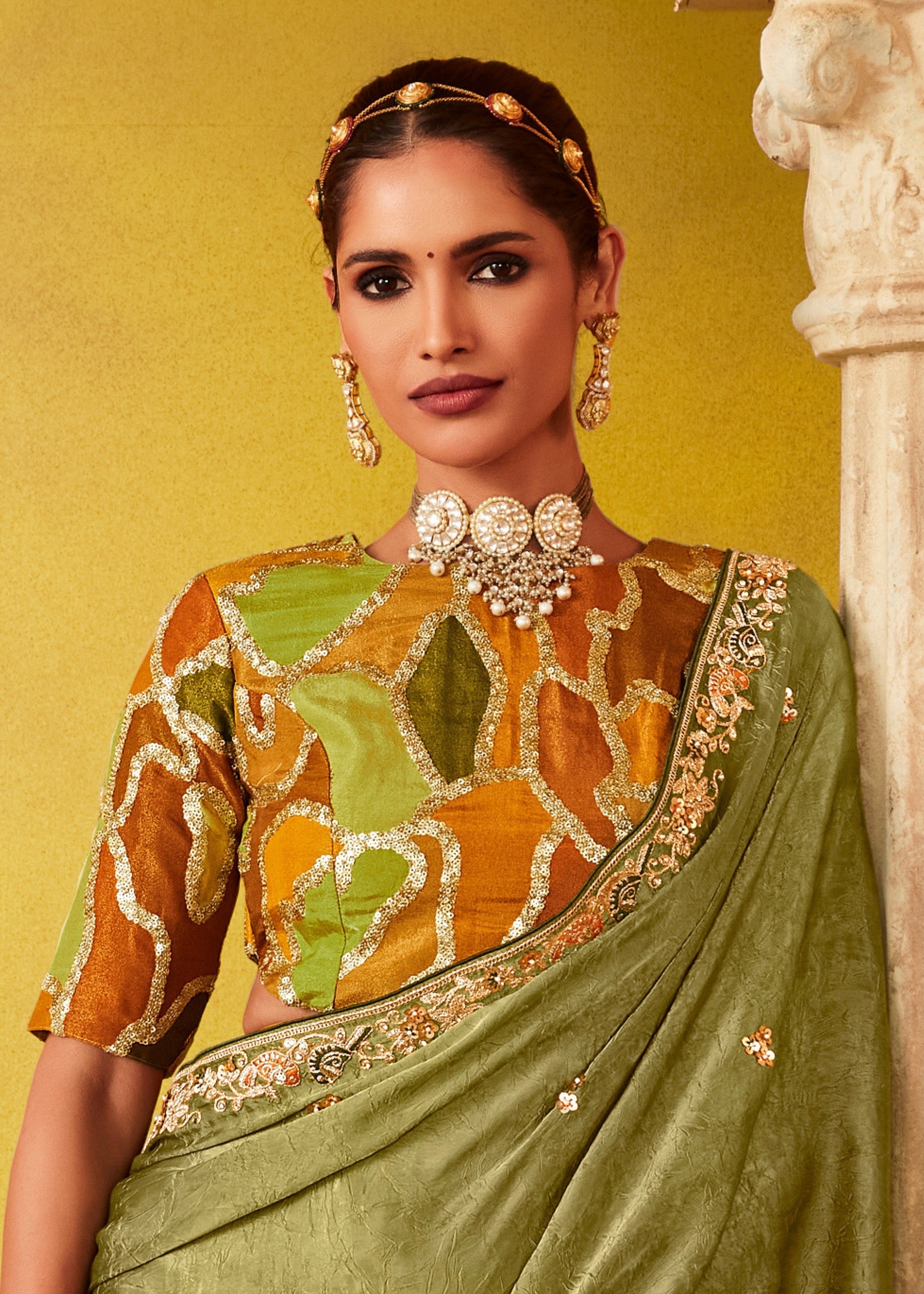 Olive Green Glass Tissue Silk Saree With Sequins And Thread Embroidered Work - qivii