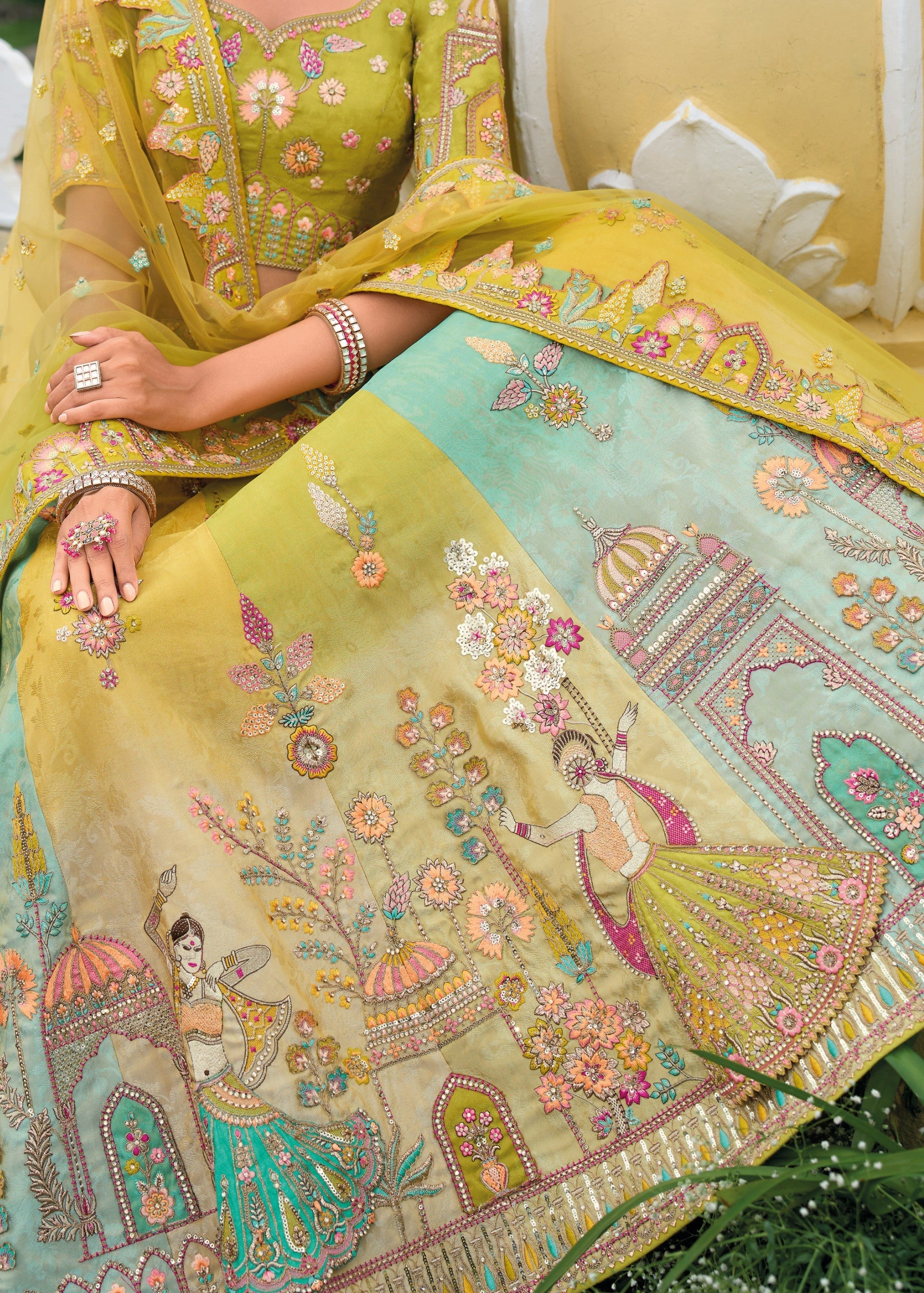 Lime Green Banarasi Silk Lehenga With Heavy Embroidery Work | Ready To Wear - qivii