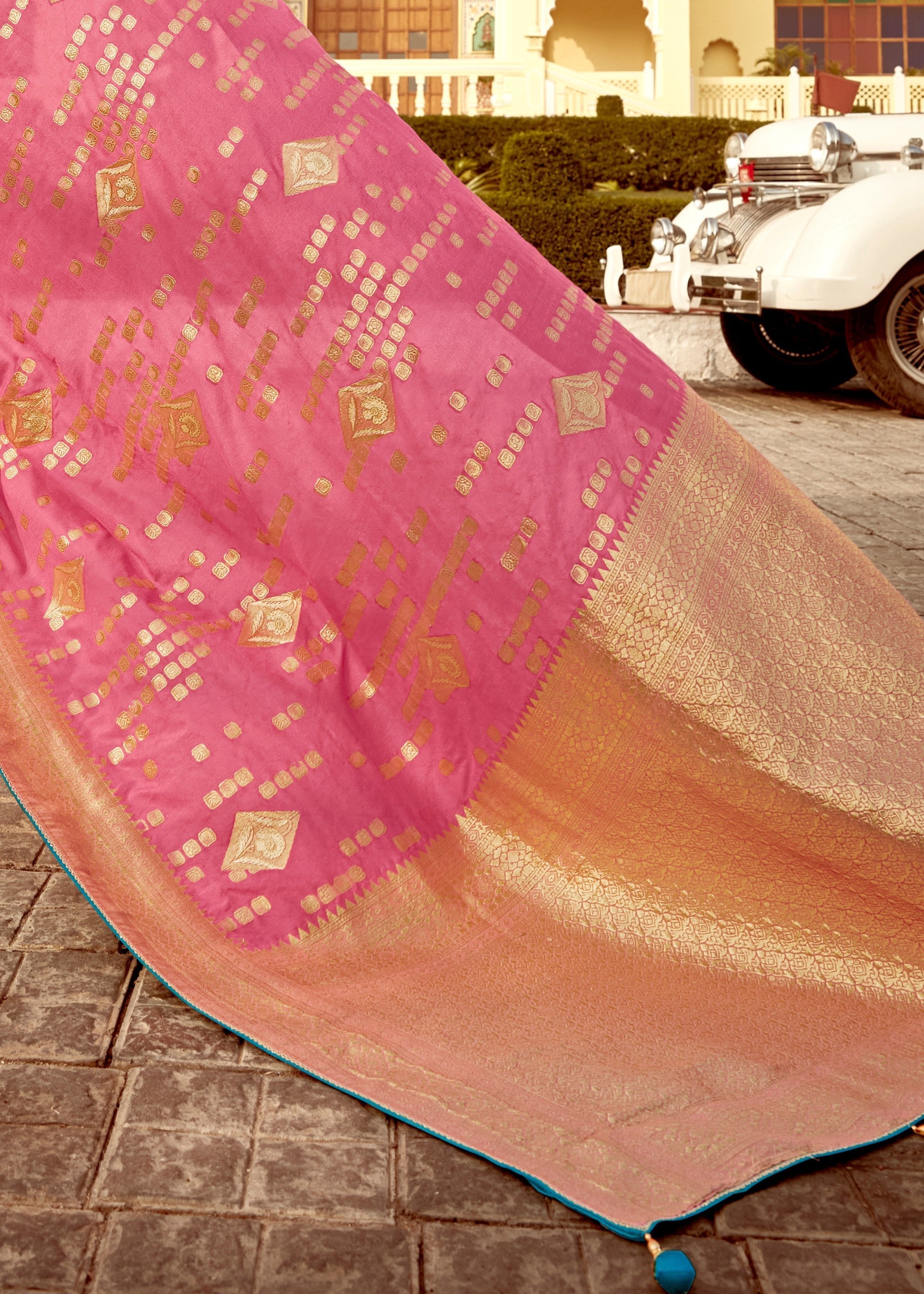 Rose Pink Dola Silk Saree Embellished With Weaving Work And Heavy Embroidered Blouse - qivii