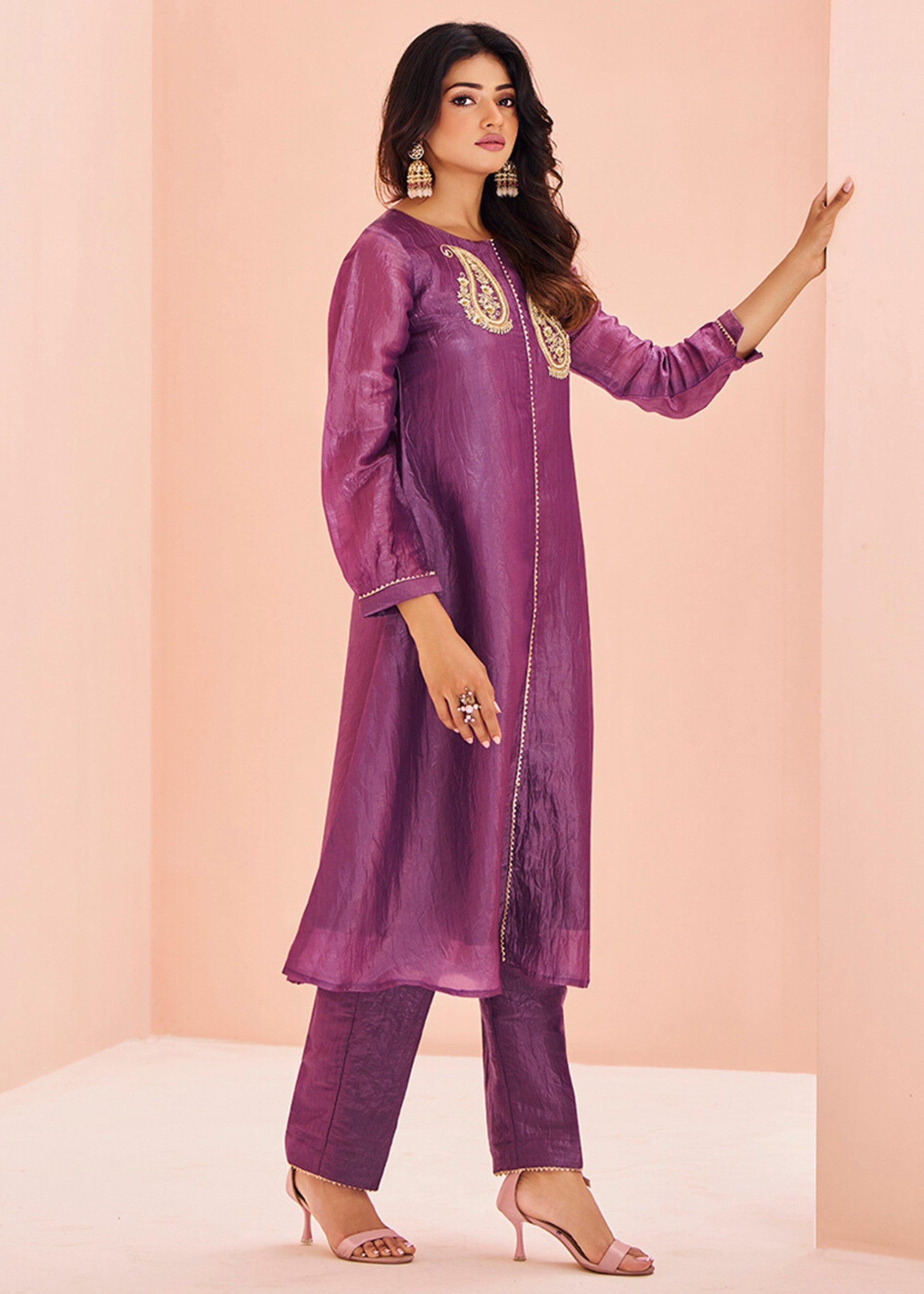 Purple Organza Handwork Kurta with Pant - qivii